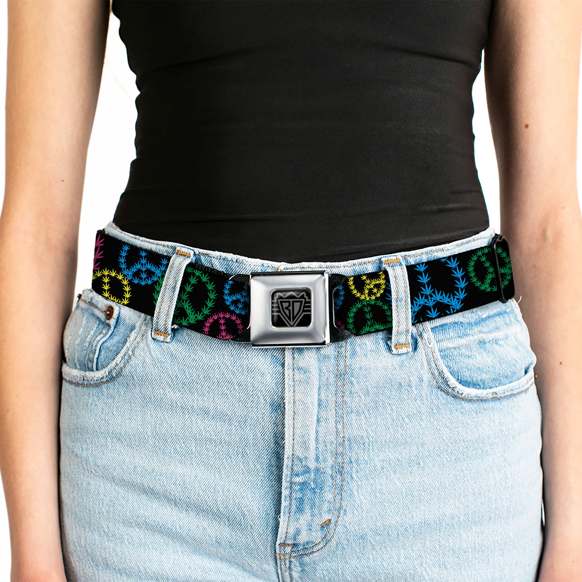 Seatbelt Belt - Multi Marijuana Peace Black/Multi Color Seatbelt Belts Buckle-Down