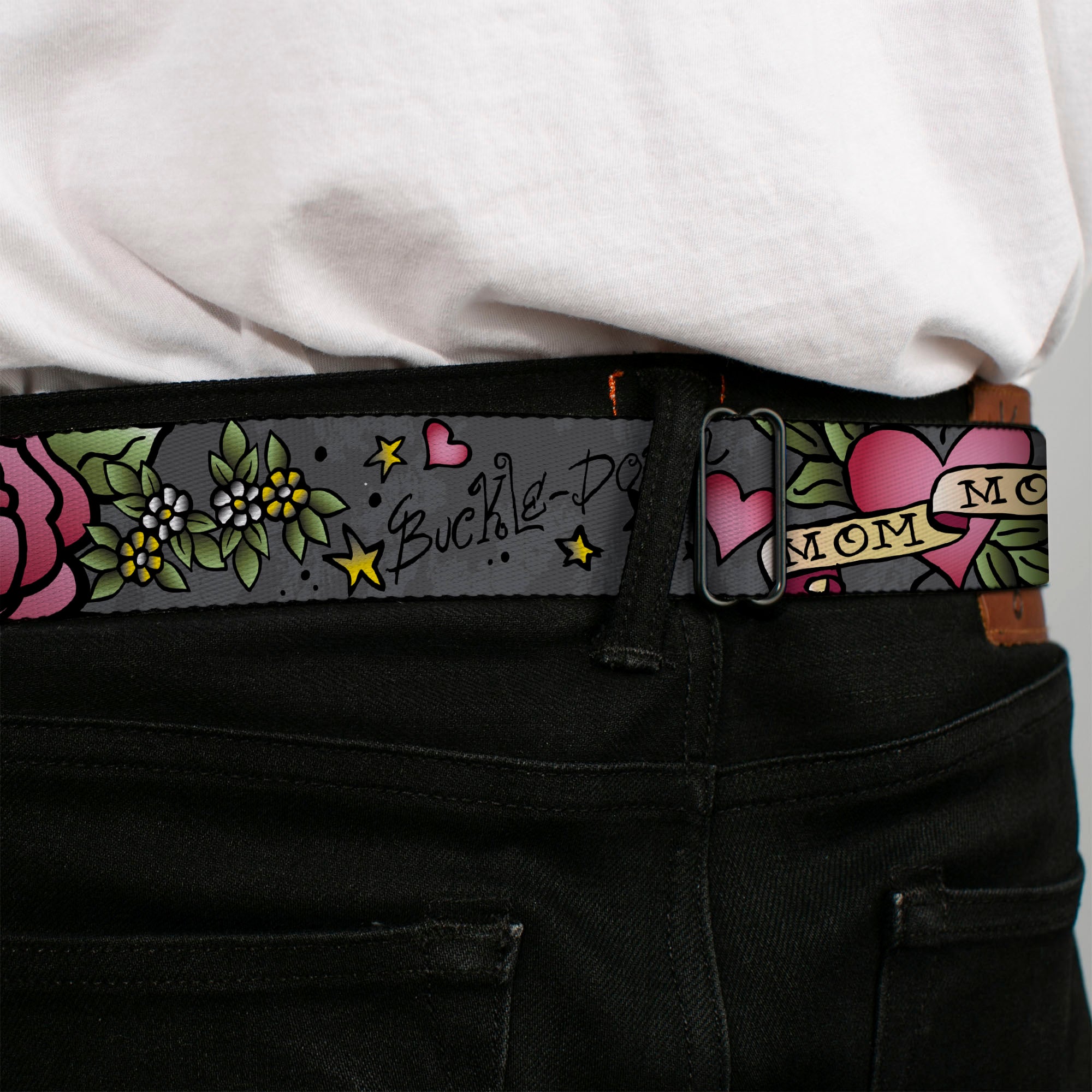 BD Wings Logo CLOSE-UP Full Color Black Silver Seatbelt Belt - Mom & Mom Gray Webbing Seatbelt Belts Buckle-Down