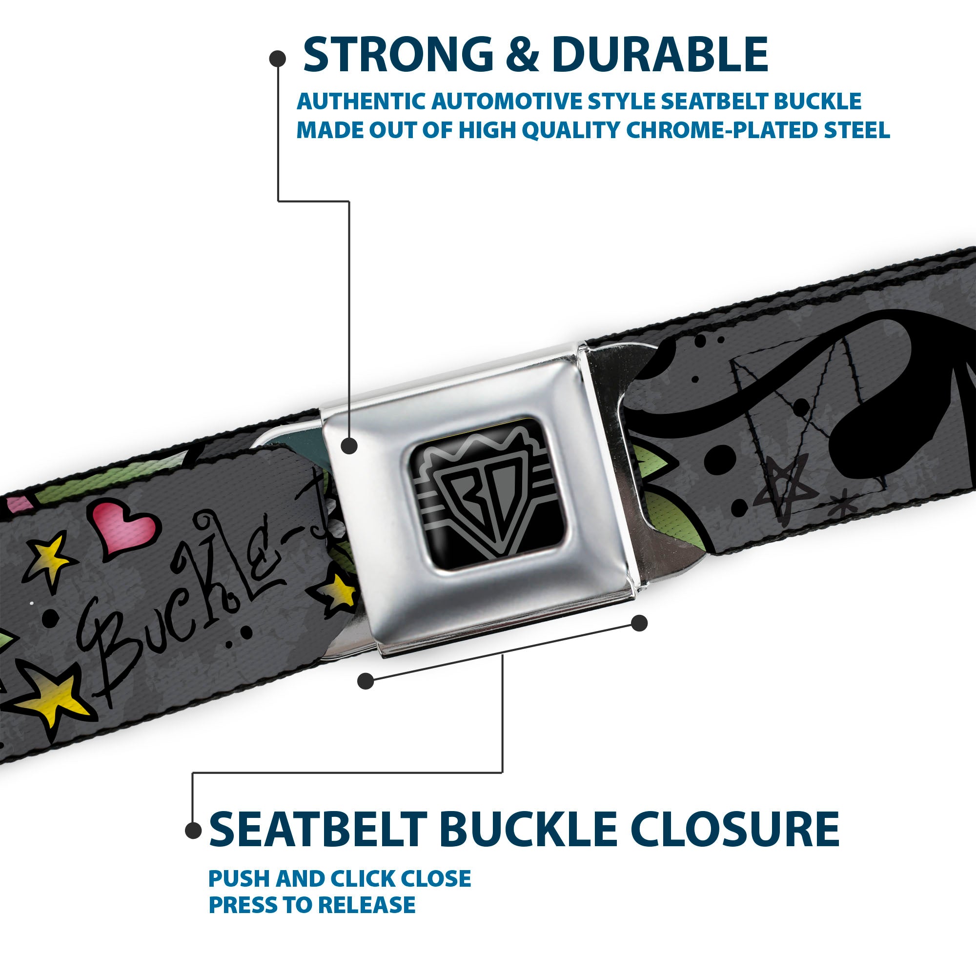 BD Wings Logo CLOSE-UP Full Color Black Silver Seatbelt Belt - Mom & Mom Gray Webbing Seatbelt Belts Buckle-Down