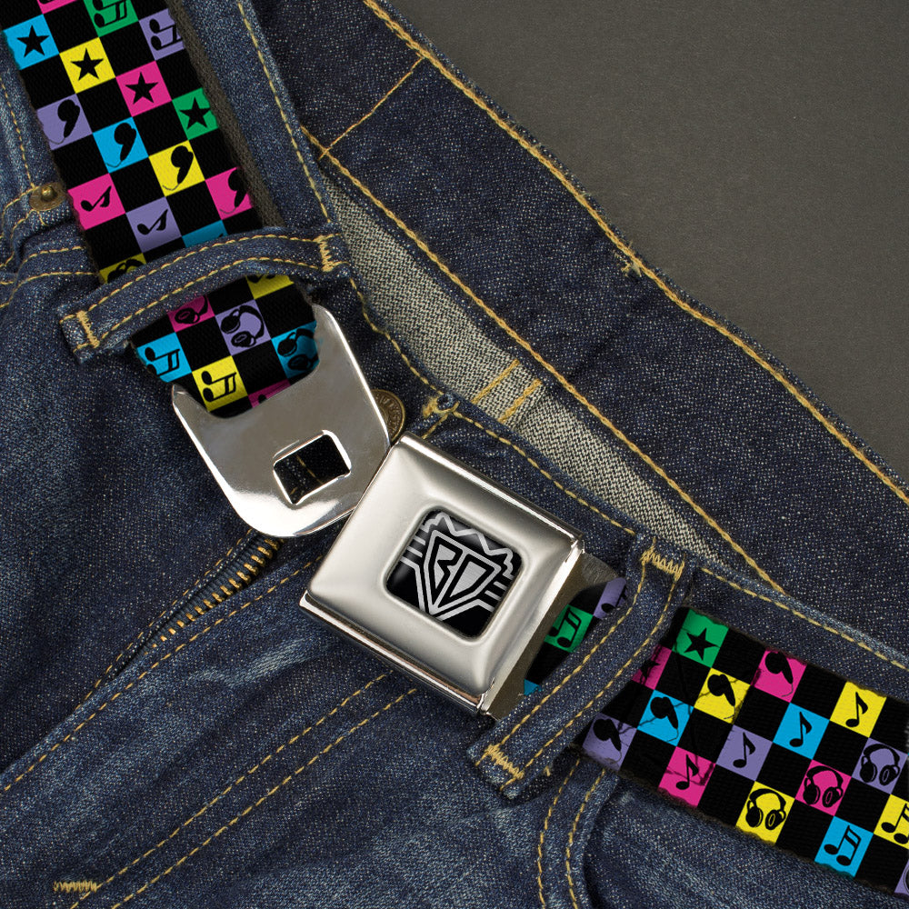 BD Wings Logo CLOSE-UP Full Color Black Silver Seatbelt Belt - Musical Checkers Black/Neon Webbing Seatbelt Belts Buckle-Down