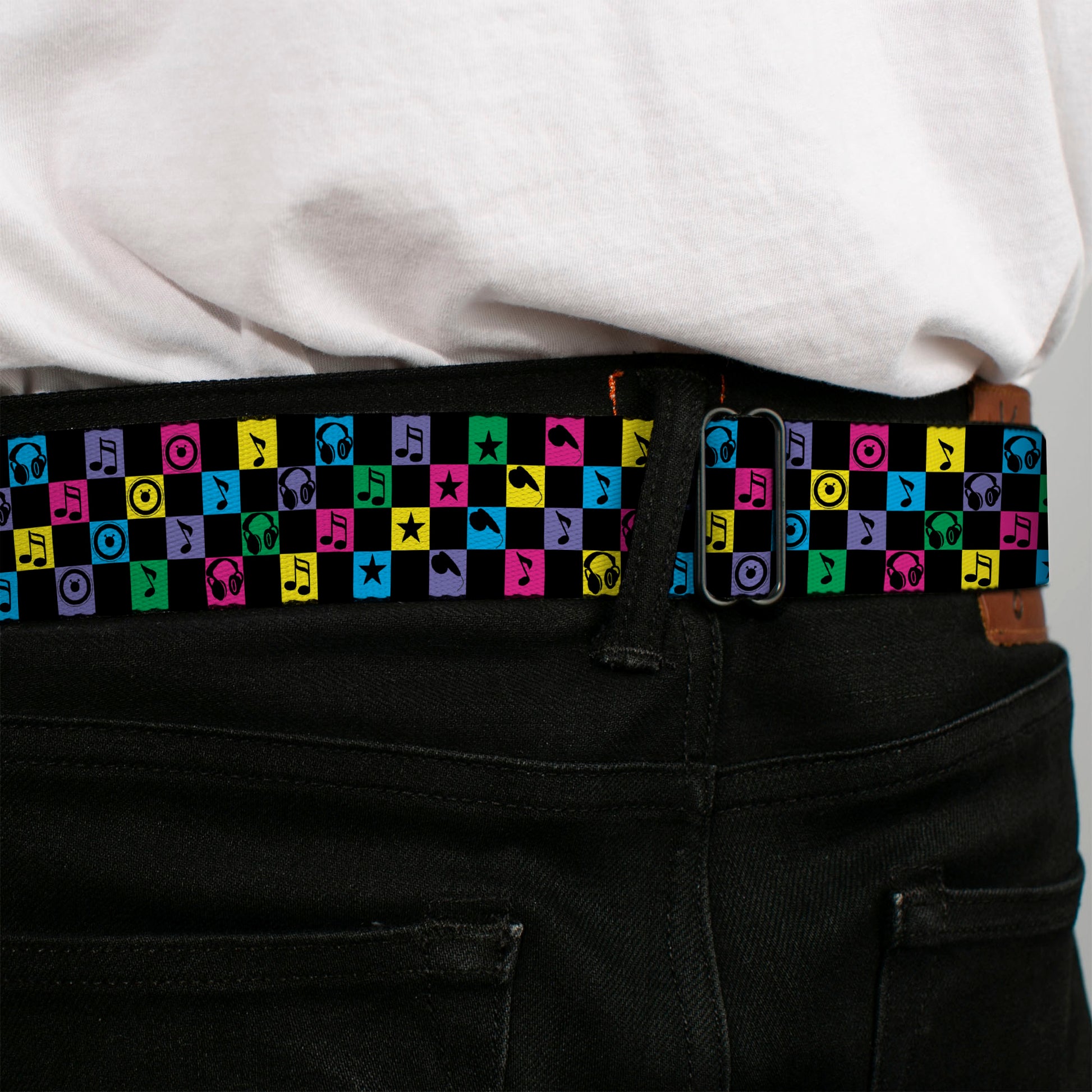BD Wings Logo CLOSE-UP Full Color Black Silver Seatbelt Belt - Musical Checkers Black/Neon Webbing Seatbelt Belts Buckle-Down