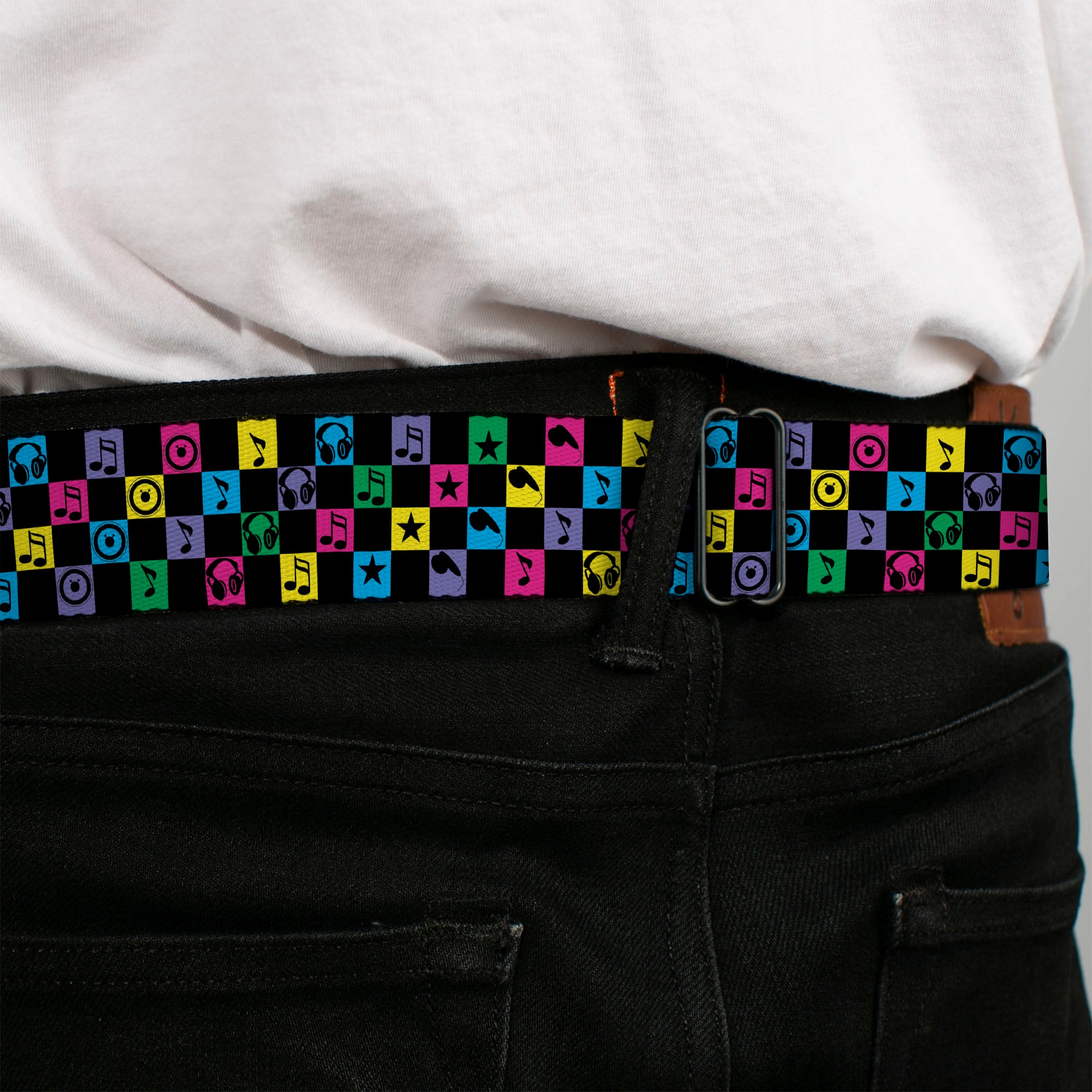 BD Wings Logo CLOSE-UP Full Color Black Silver Seatbelt Belt - Musical Checkers Black/Neon Webbing Seatbelt Belts Buckle-Down