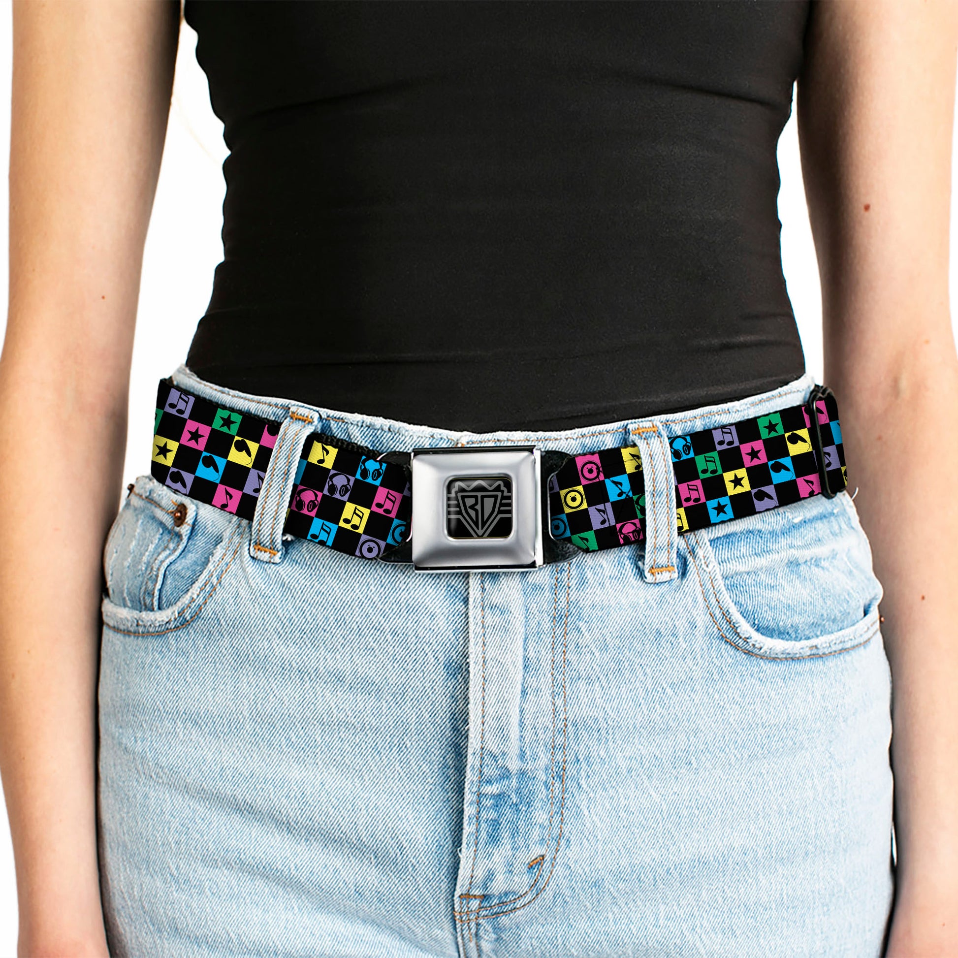 BD Wings Logo CLOSE-UP Full Color Black Silver Seatbelt Belt - Musical Checkers Black/Neon Webbing Seatbelt Belts Buckle-Down