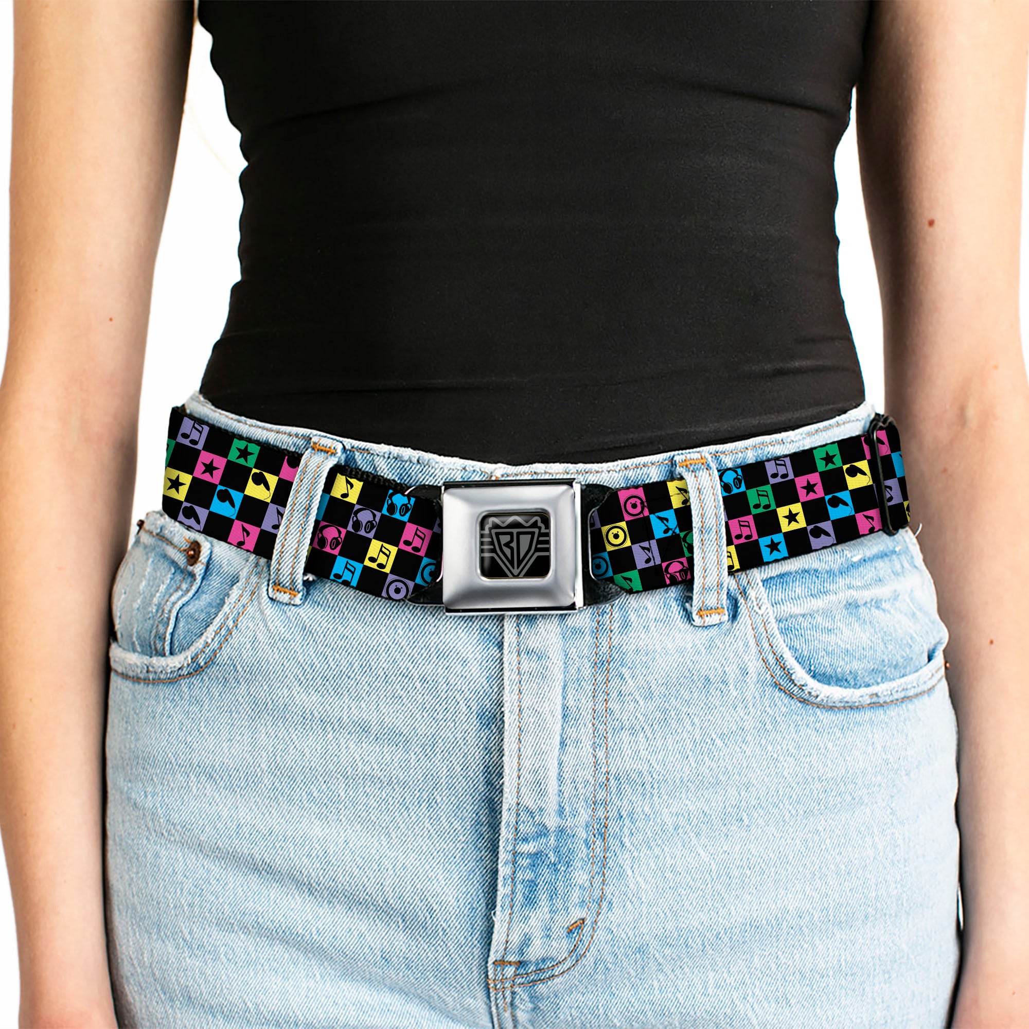 BD Wings Logo CLOSE-UP Full Color Black Silver Seatbelt Belt - Musical Checkers Black/Neon Webbing Seatbelt Belts Buckle-Down
