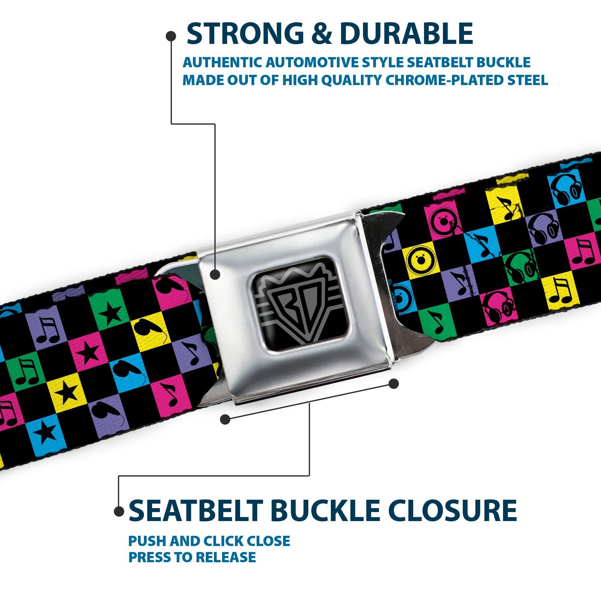 BD Wings Logo CLOSE-UP Full Color Black Silver Seatbelt Belt - Musical Checkers Black/Neon Webbing Seatbelt Belts Buckle-Down