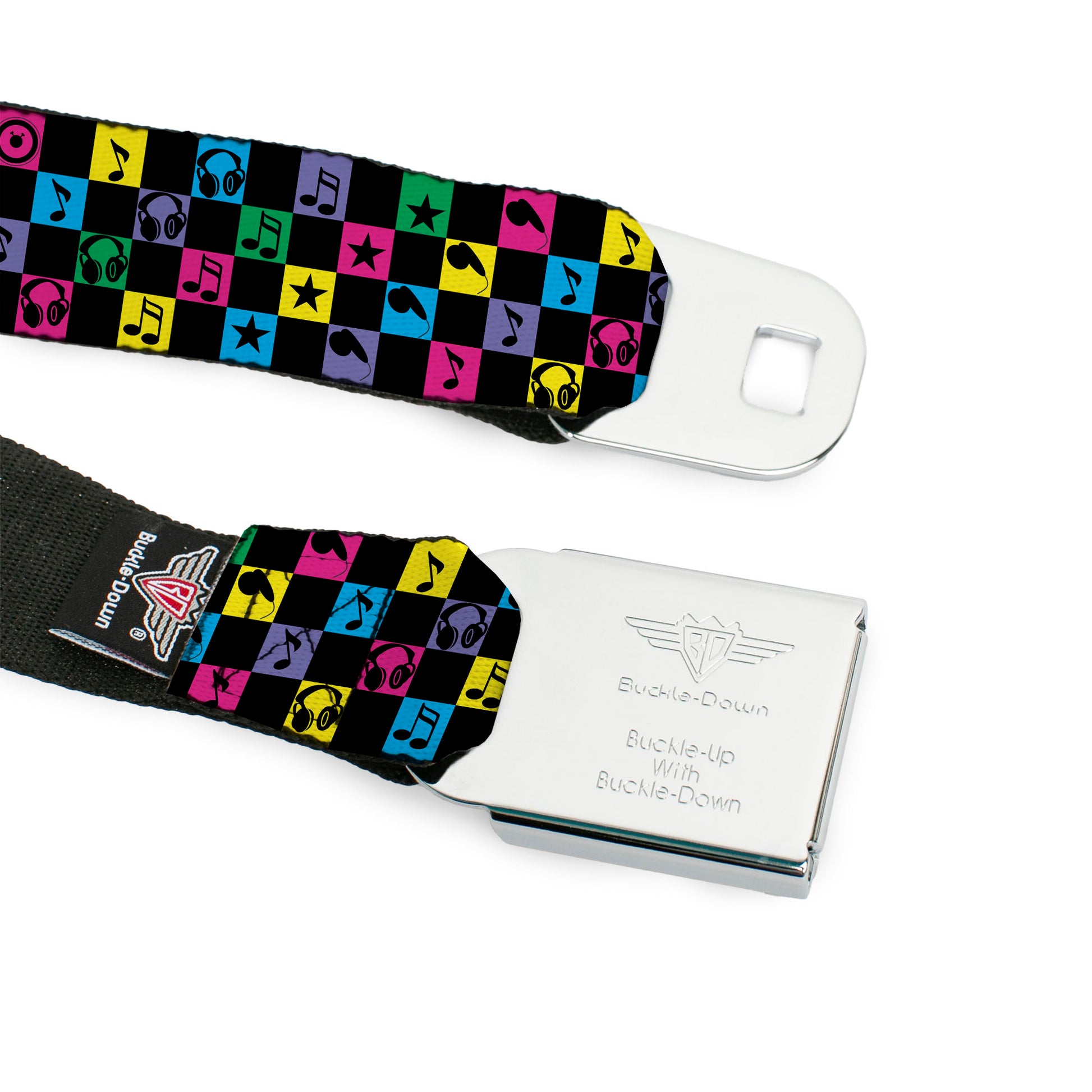 BD Wings Logo CLOSE-UP Full Color Black Silver Seatbelt Belt - Musical Checkers Black/Neon Webbing Seatbelt Belts Buckle-Down