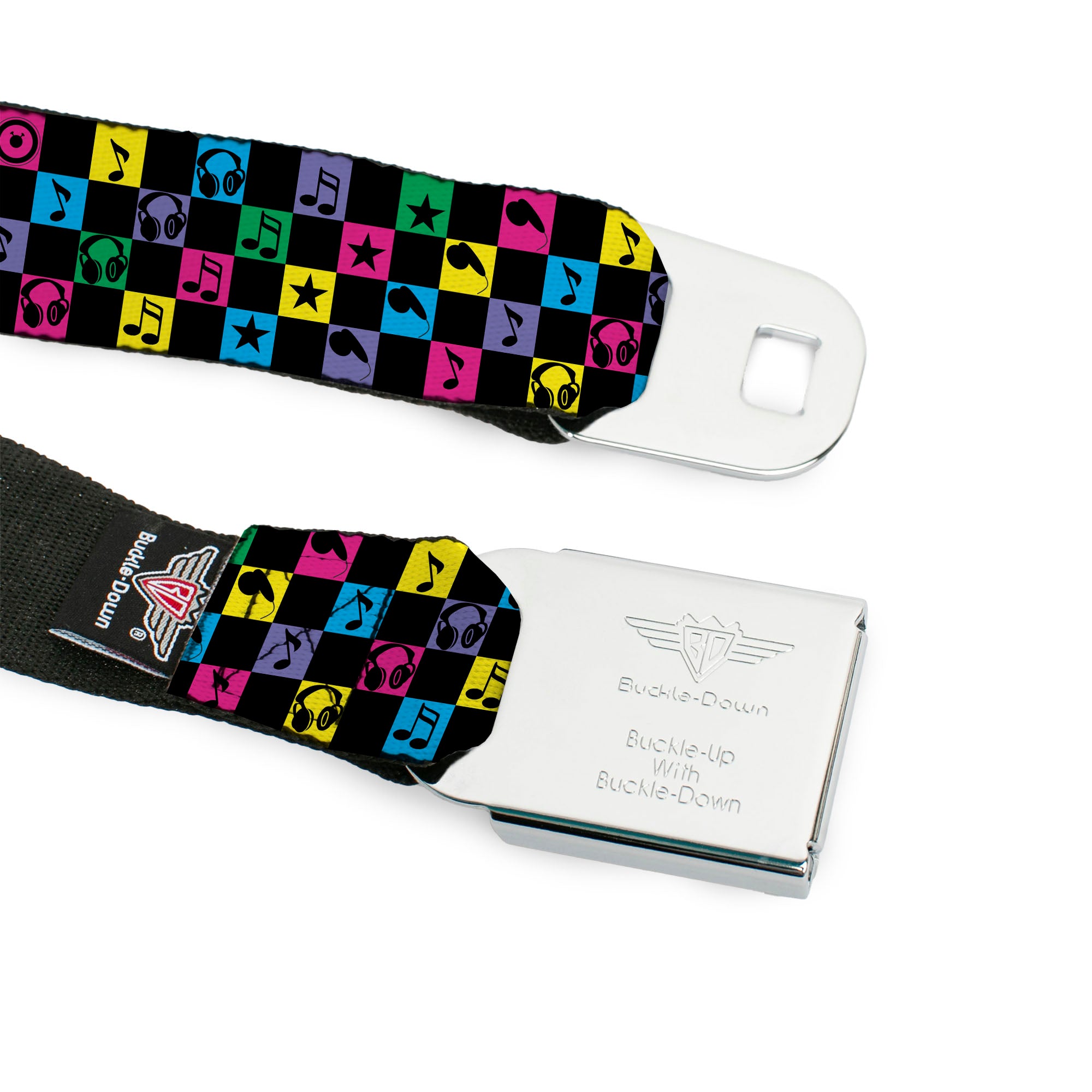 BD Wings Logo CLOSE-UP Full Color Black Silver Seatbelt Belt - Musical Checkers Black/Neon Webbing Seatbelt Belts Buckle-Down