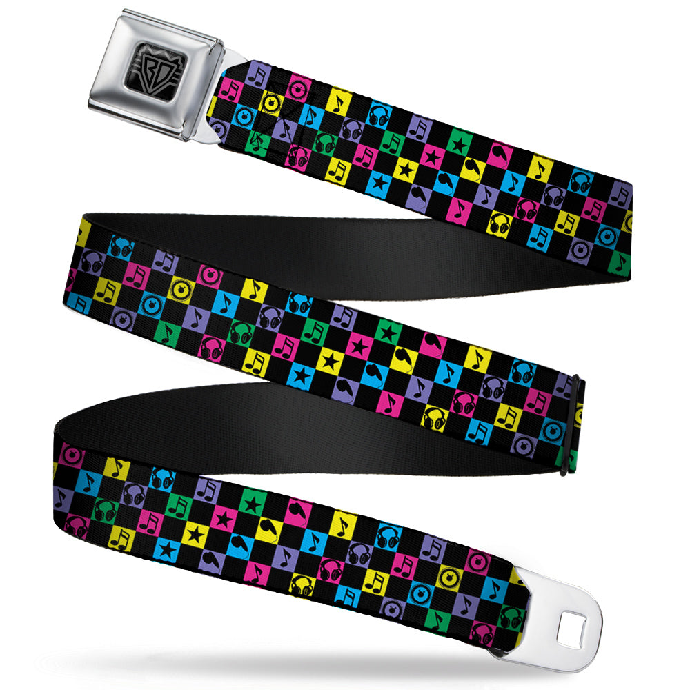 BD Wings Logo CLOSE-UP Full Color Black Silver Seatbelt Belt - Musical Checkers Black/Neon Webbing Seatbelt Belts Buckle-Down