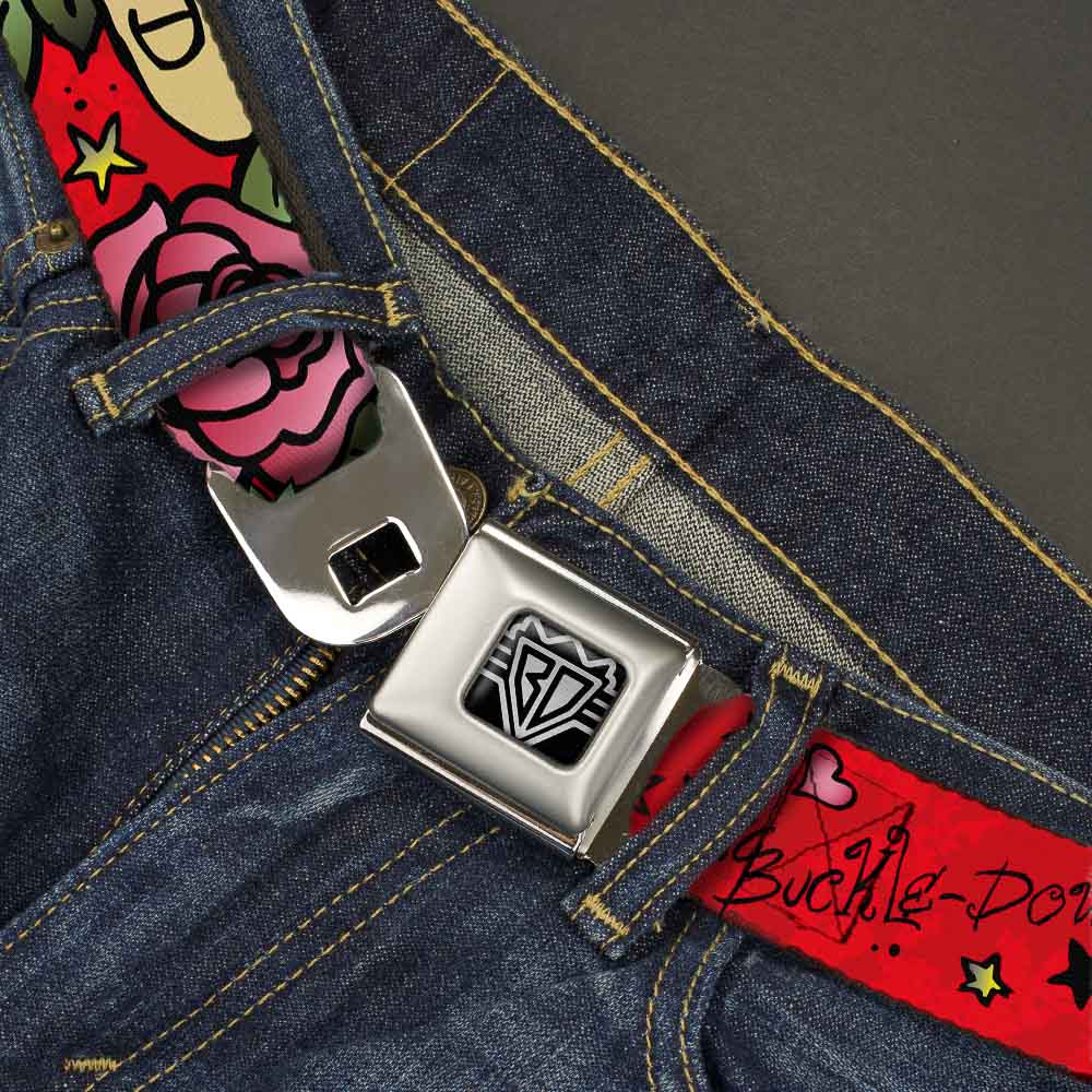 BD Wings Logo CLOSE-UP Full Color Black Silver Seatbelt Belt - Mom & Dad Red Webbing Seatbelt Belts Buckle-Down