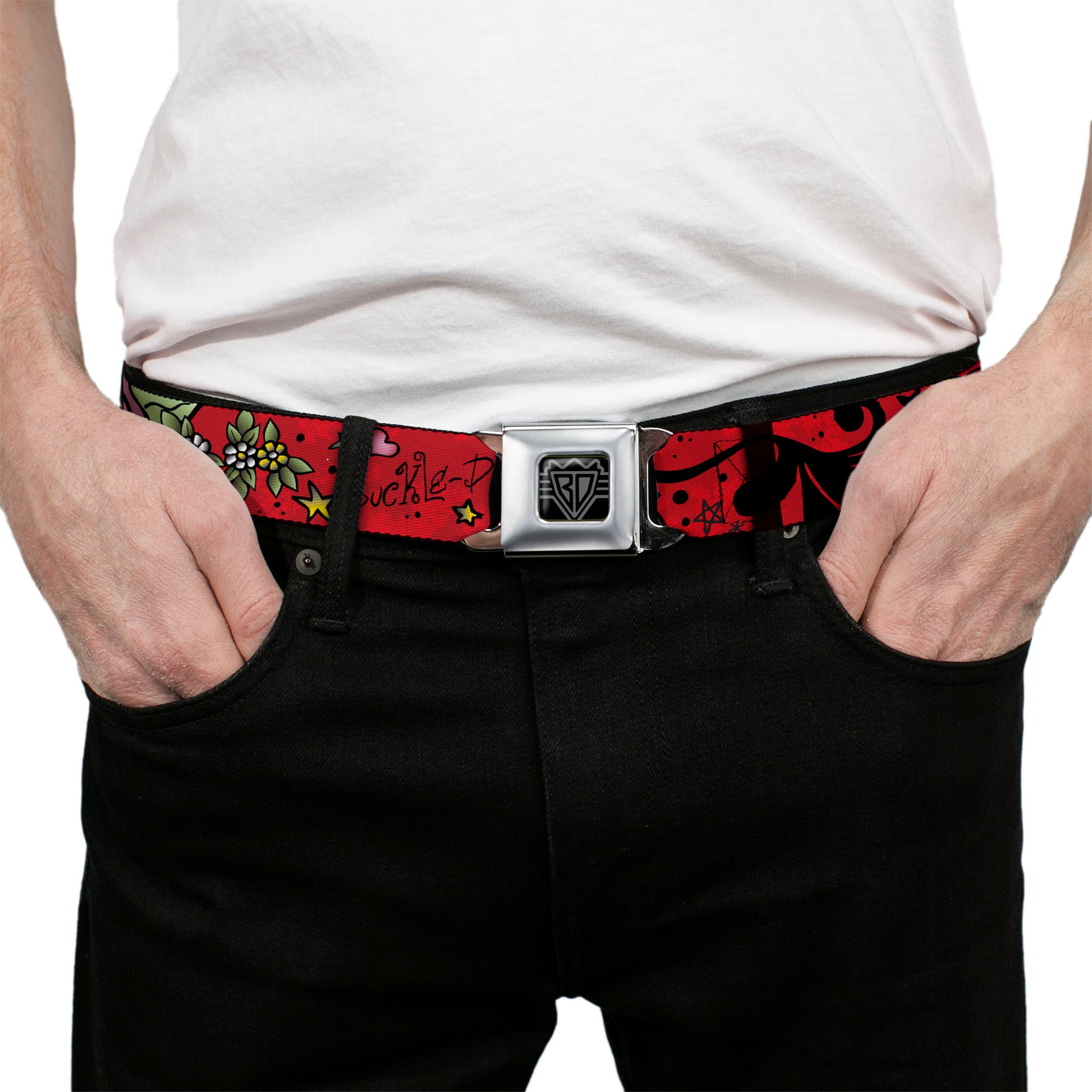 BD Wings Logo CLOSE-UP Full Color Black Silver Seatbelt Belt - Mom & Dad Red Webbing Seatbelt Belts Buckle-Down