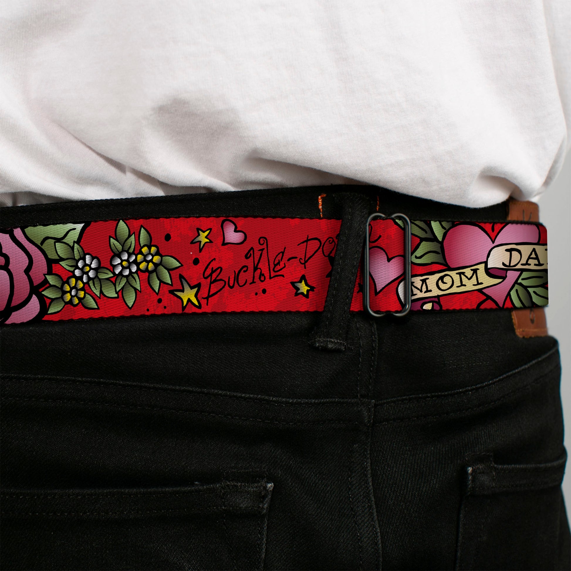 BD Wings Logo CLOSE-UP Full Color Black Silver Seatbelt Belt - Mom & Dad Red Webbing Seatbelt Belts Buckle-Down