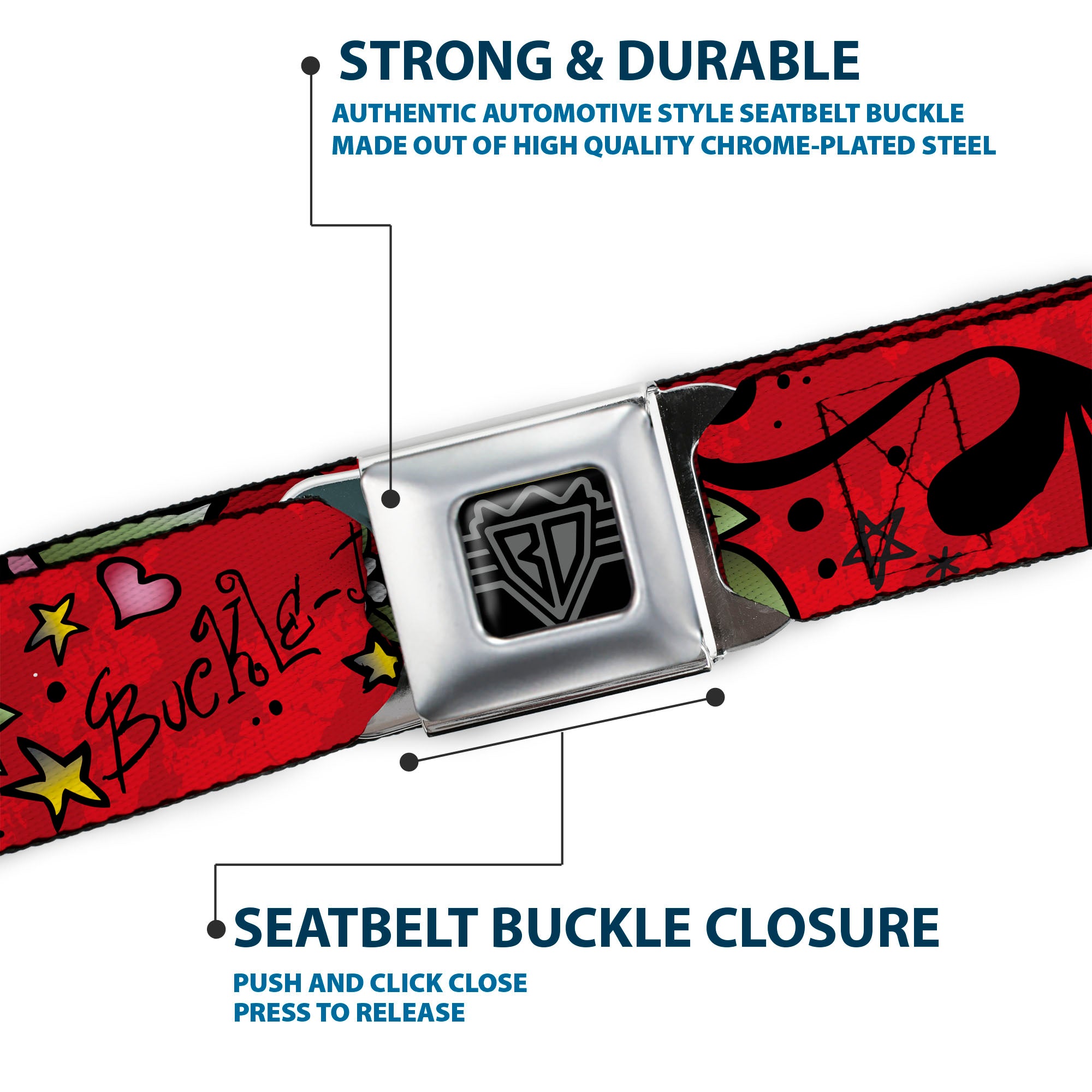 BD Wings Logo CLOSE-UP Full Color Black Silver Seatbelt Belt - Mom & Dad Red Webbing Seatbelt Belts Buckle-Down