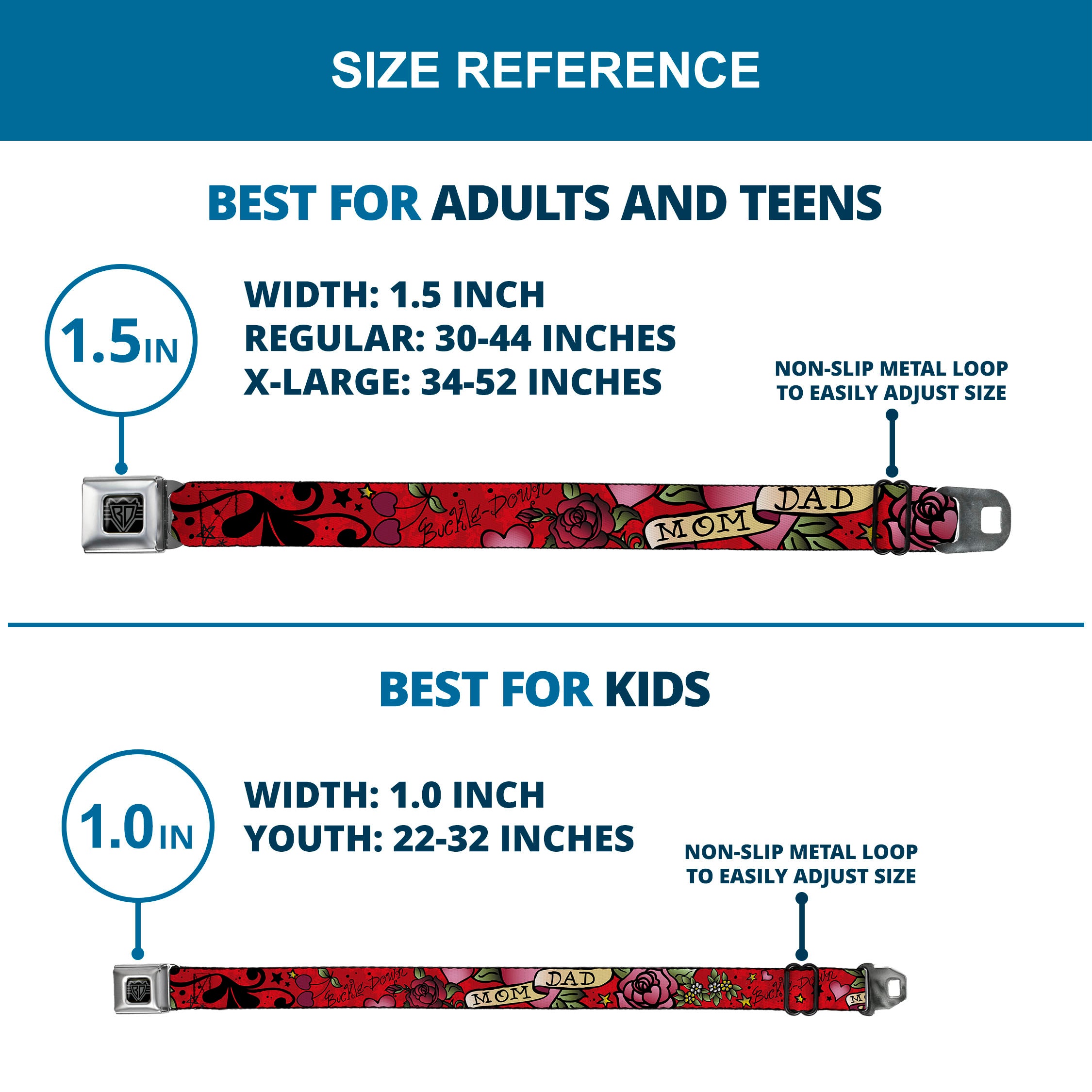 BD Wings Logo CLOSE-UP Full Color Black Silver Seatbelt Belt - Mom & Dad Red Webbing Seatbelt Belts Buckle-Down