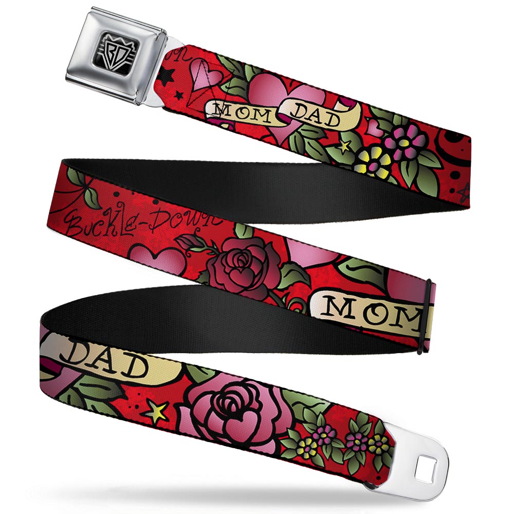 BD Wings Logo CLOSE-UP Full Color Black Silver Seatbelt Belt - Mom & Dad Red Webbing Seatbelt Belts Buckle-Down