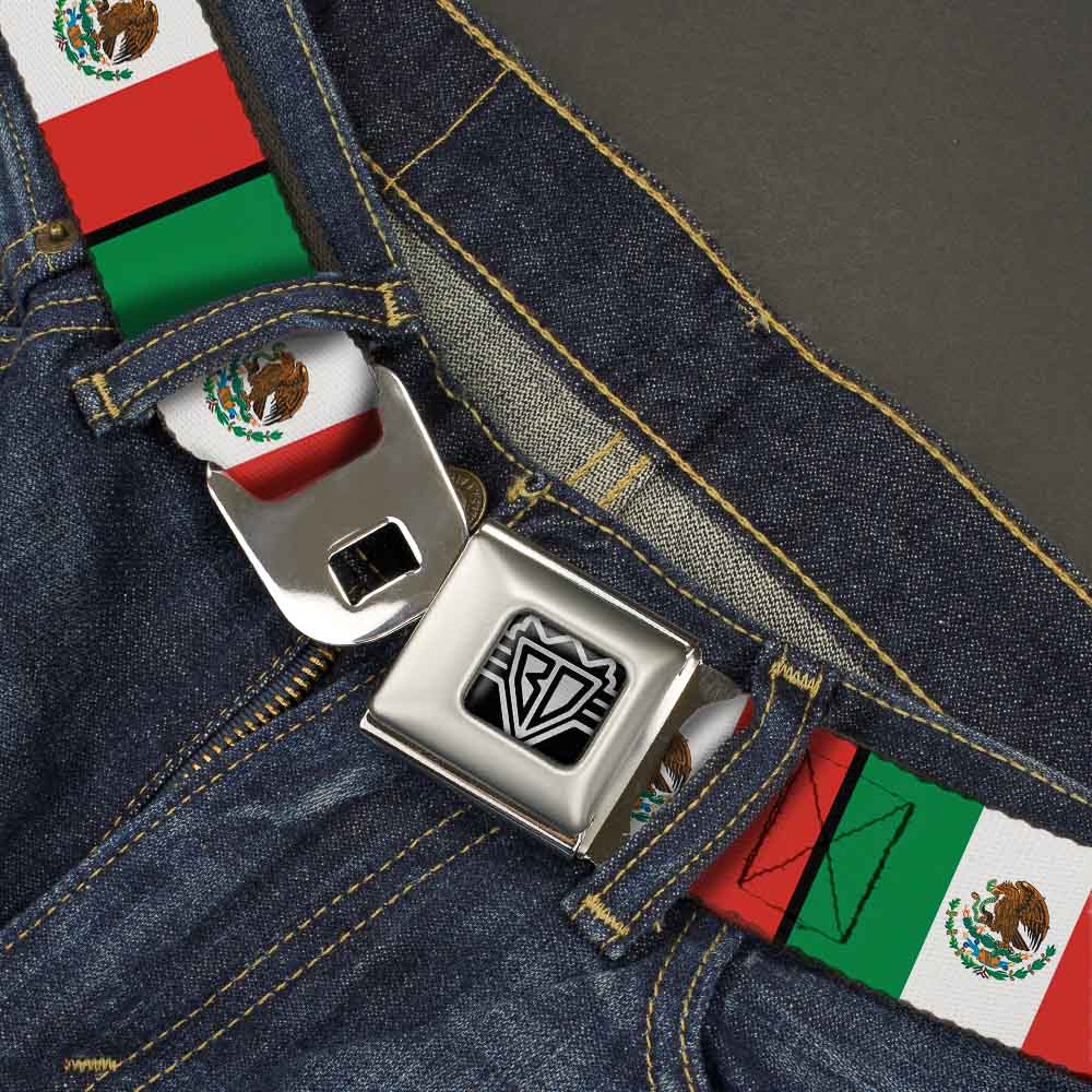 BD Wings Logo CLOSE-UP Full Color Black Silver Seatbelt Belt - Mexico Flags Webbing Seatbelt Belts Buckle-Down