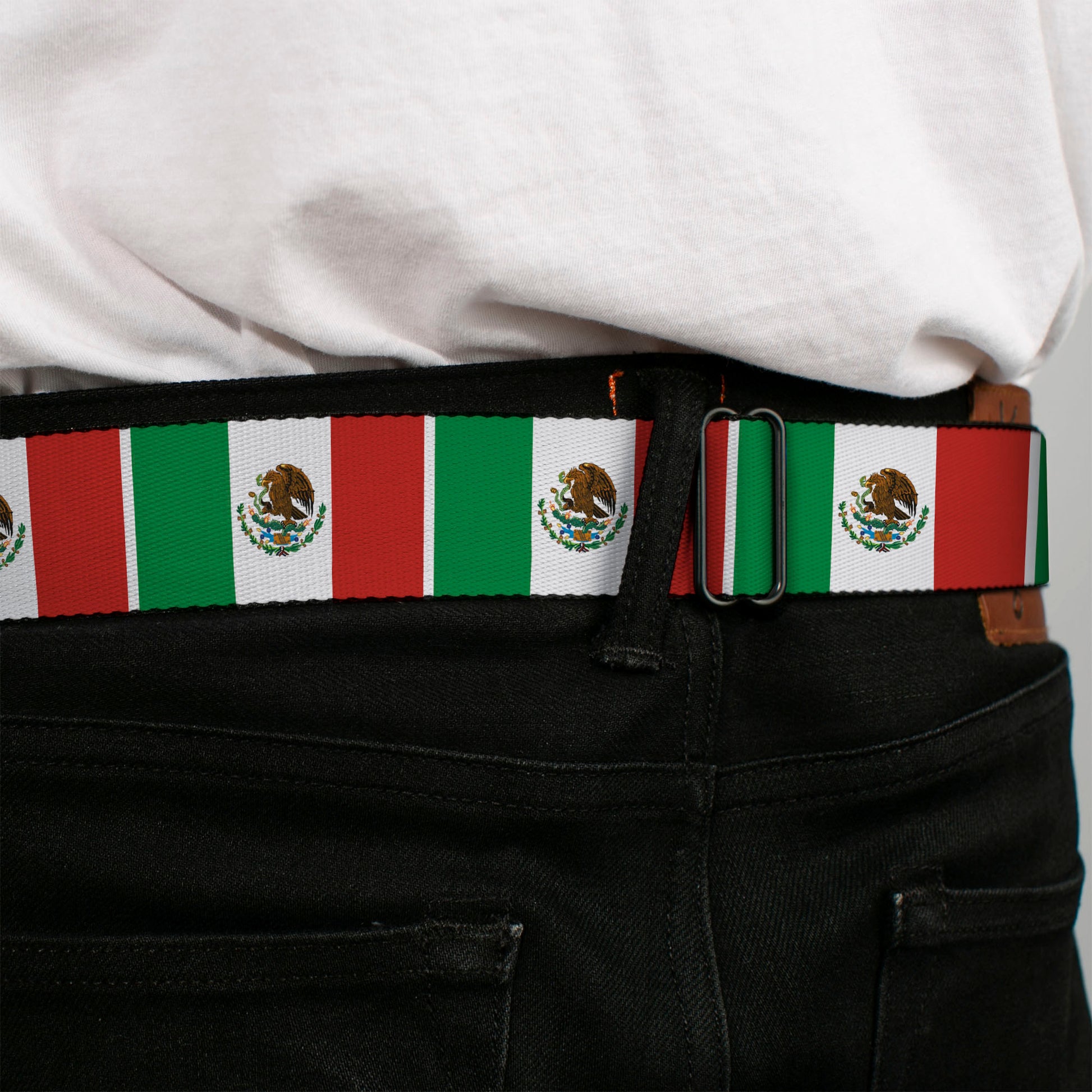 BD Wings Logo CLOSE-UP Full Color Black Silver Seatbelt Belt - Mexico Flags Webbing Seatbelt Belts Buckle-Down