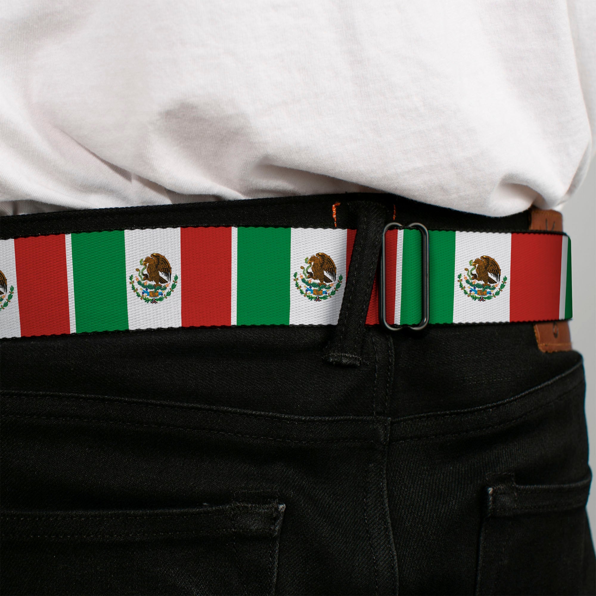 BD Wings Logo CLOSE-UP Full Color Black Silver Seatbelt Belt - Mexico Flags Webbing Seatbelt Belts Buckle-Down