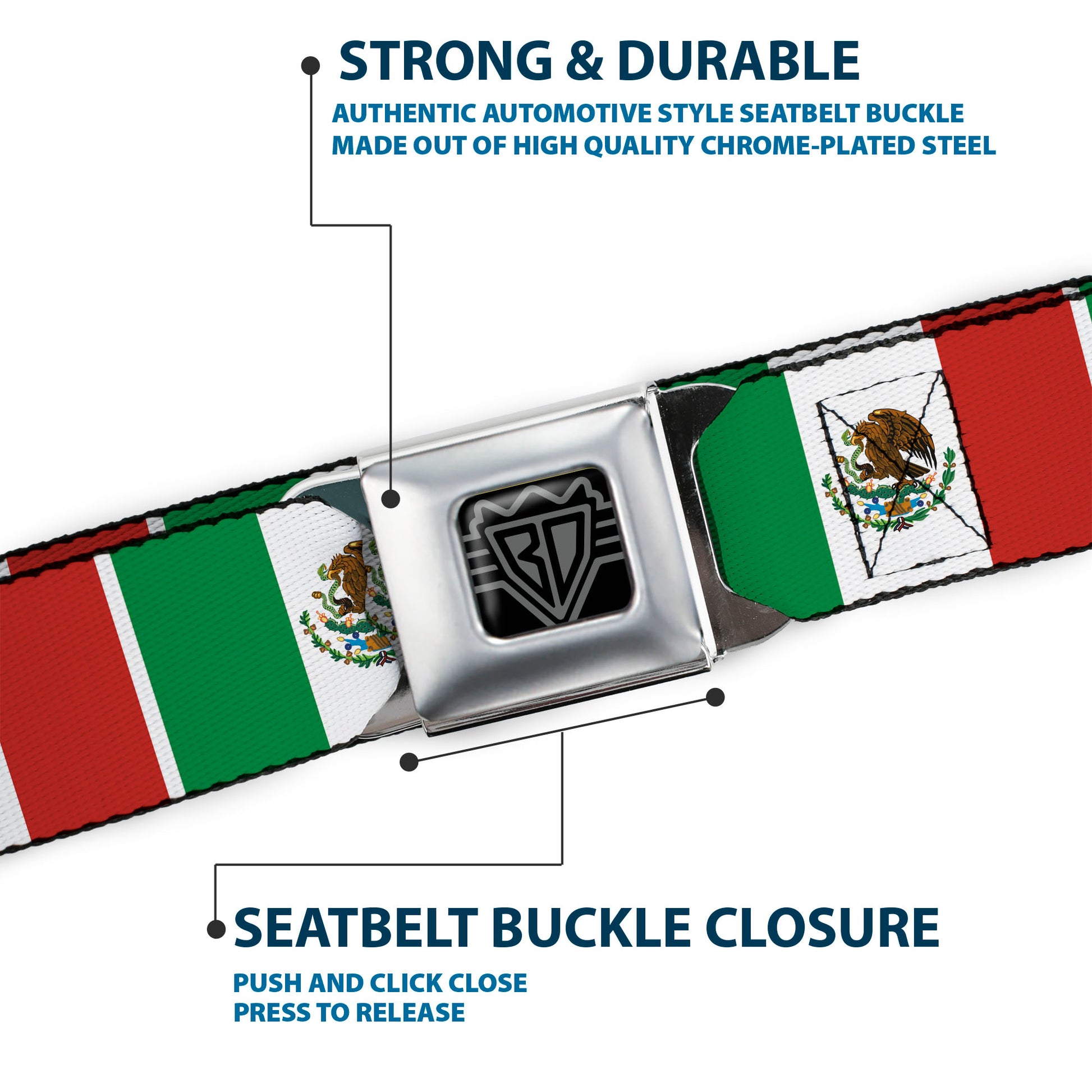 BD Wings Logo CLOSE-UP Full Color Black Silver Seatbelt Belt - Mexico Flags Webbing Seatbelt Belts Buckle-Down