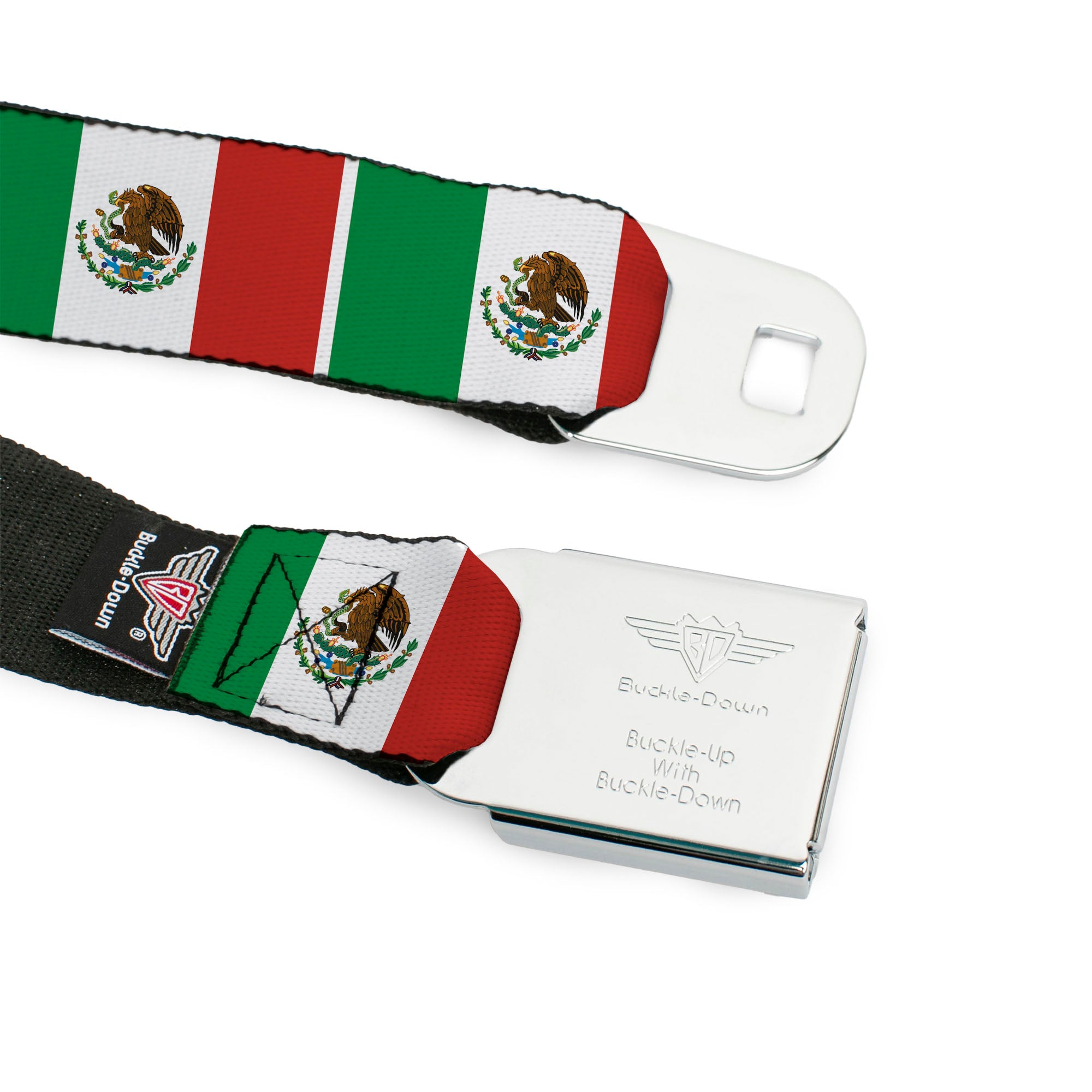 BD Wings Logo CLOSE-UP Full Color Black Silver Seatbelt Belt - Mexico Flags Webbing Seatbelt Belts Buckle-Down