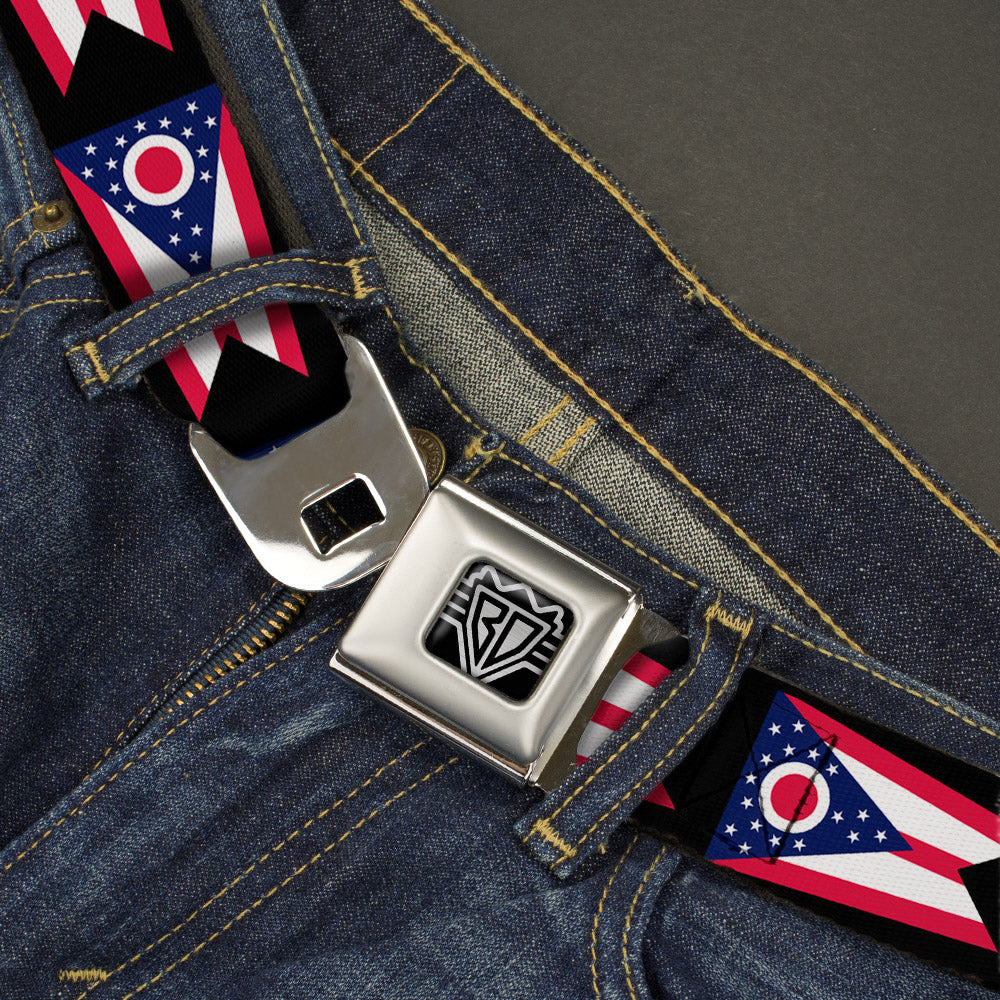 BD Wings Logo CLOSE-UP Full Color Black Silver Seatbelt Belt - Malverde Repeat Webbing Seatbelt Belts Buckle-Down
