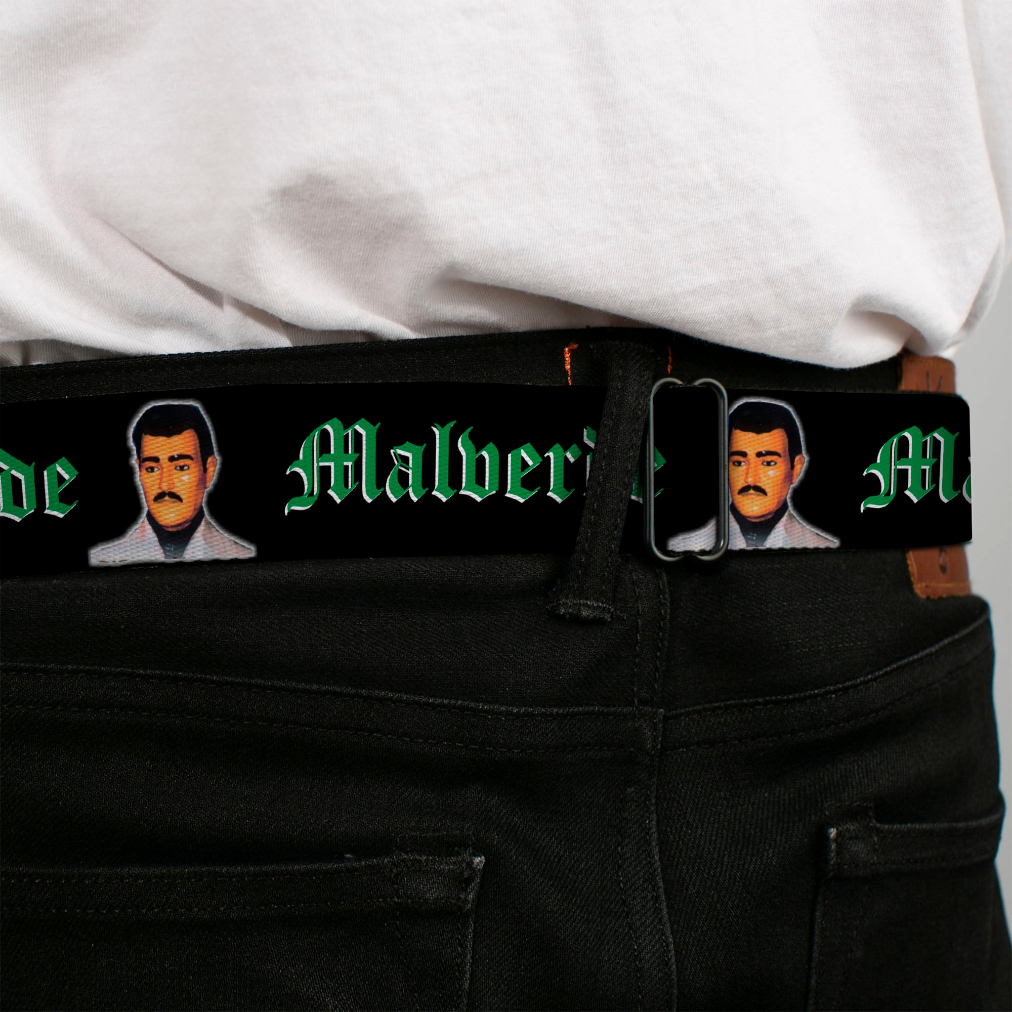 BD Wings Logo CLOSE-UP Full Color Black Silver Seatbelt Belt - Malverde Repeat Webbing Seatbelt Belts Buckle-Down