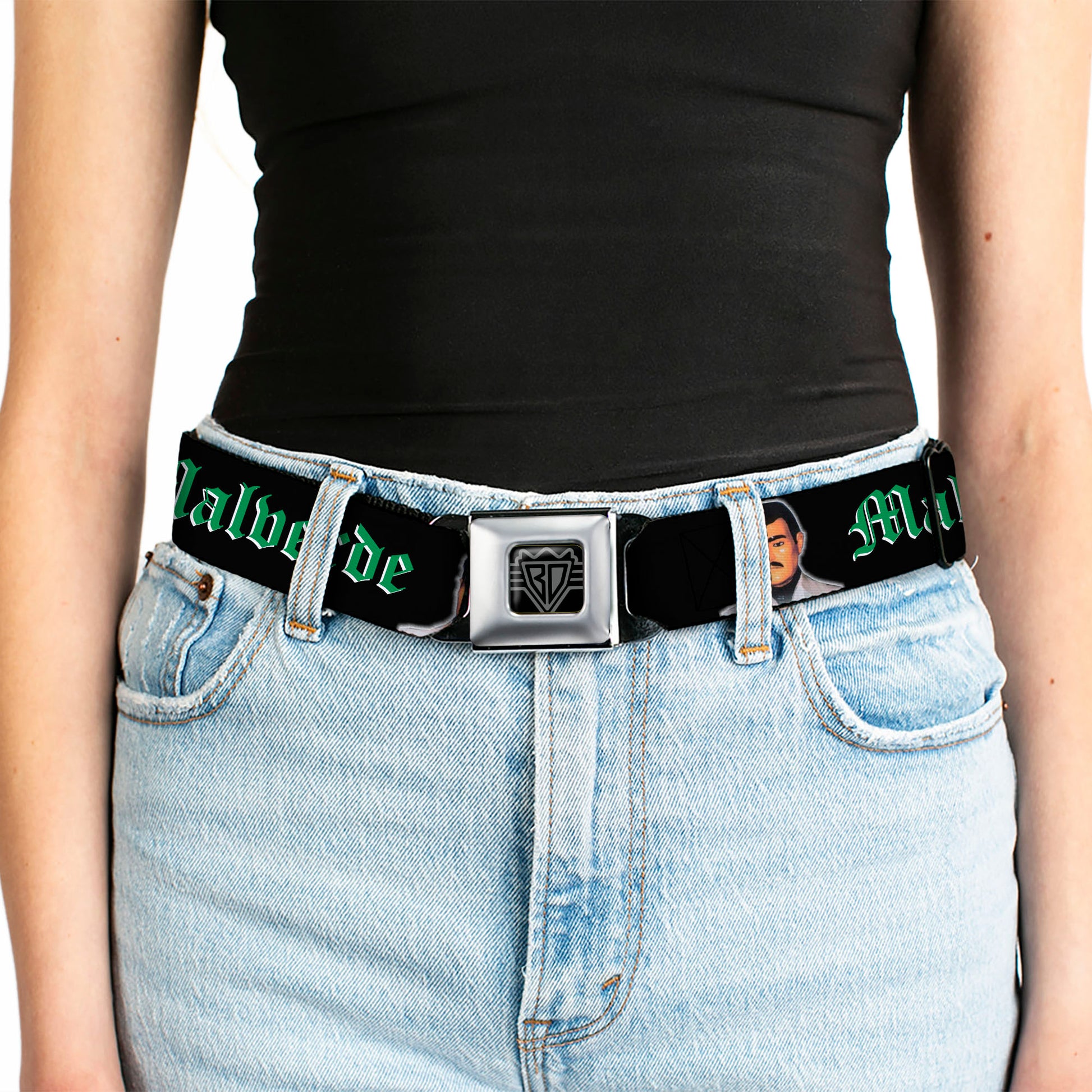 BD Wings Logo CLOSE-UP Full Color Black Silver Seatbelt Belt - Malverde Repeat Webbing Seatbelt Belts Buckle-Down