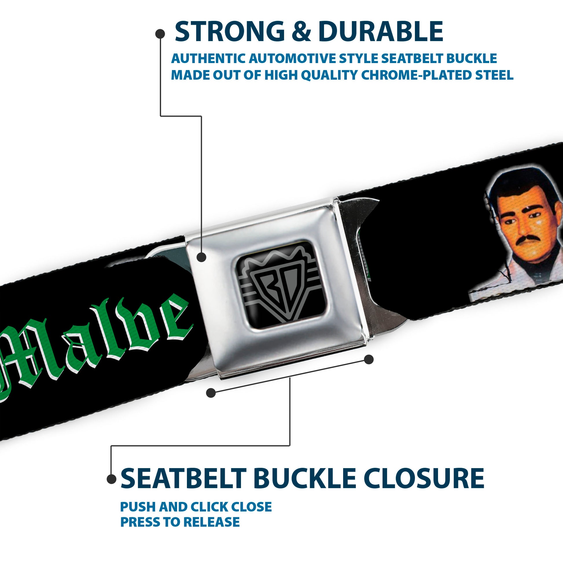 BD Wings Logo CLOSE-UP Full Color Black Silver Seatbelt Belt - Malverde Repeat Webbing Seatbelt Belts Buckle-Down