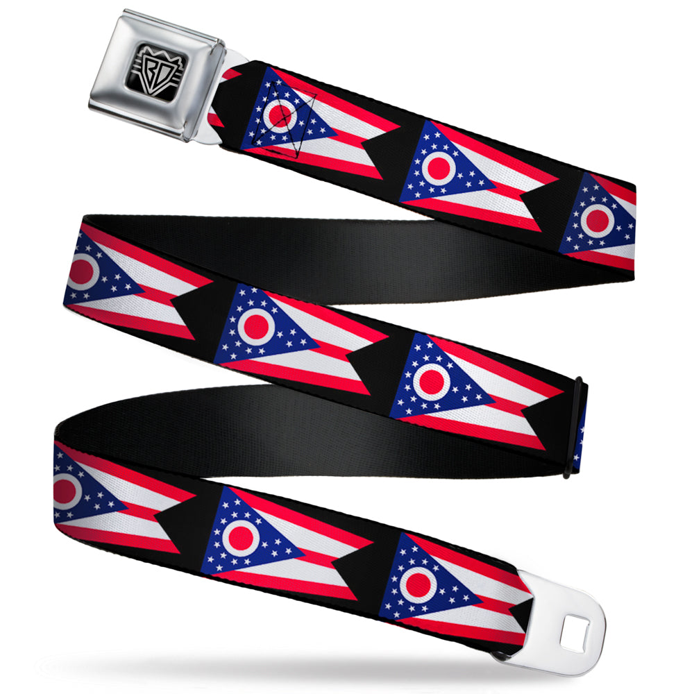 BD Wings Logo CLOSE-UP Full Color Black Silver Seatbelt Belt - Malverde Repeat Webbing Seatbelt Belts Buckle-Down