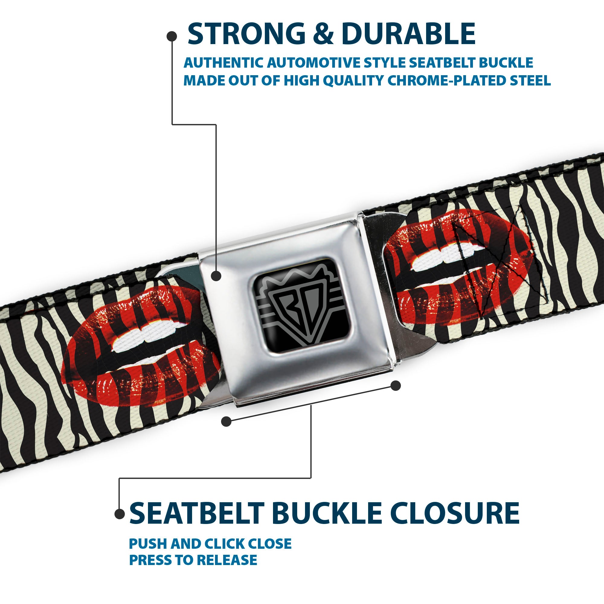 BD Wings Logo CLOSE-UP Full Color Black Silver Seatbelt Belt - Mouth Zebra Webbing Seatbelt Belts Buckle-Down