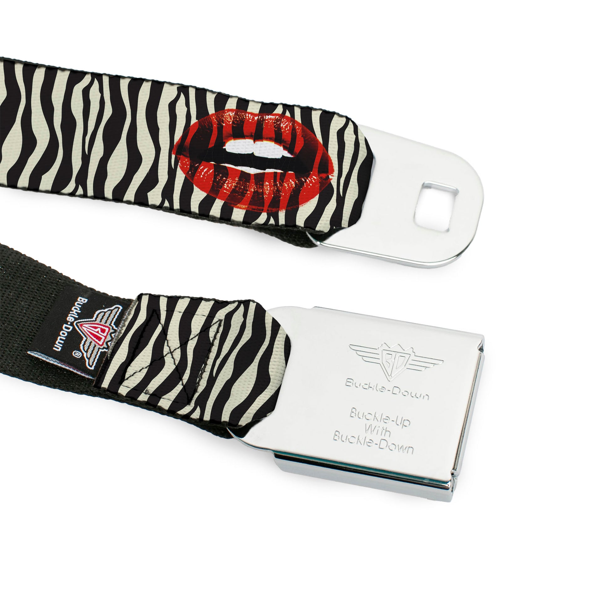 BD Wings Logo CLOSE-UP Full Color Black Silver Seatbelt Belt - Mouth Zebra Webbing Seatbelt Belts Buckle-Down