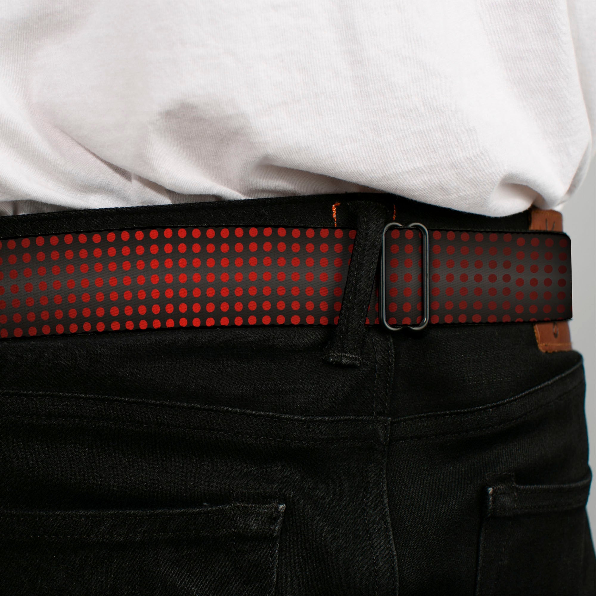 BD Wings Logo CLOSE-UP Full Color Black Silver Seatbelt Belt - Micro Polka Dots Transitions Black/Red Webbing Seatbelt Belts Buckle-Down