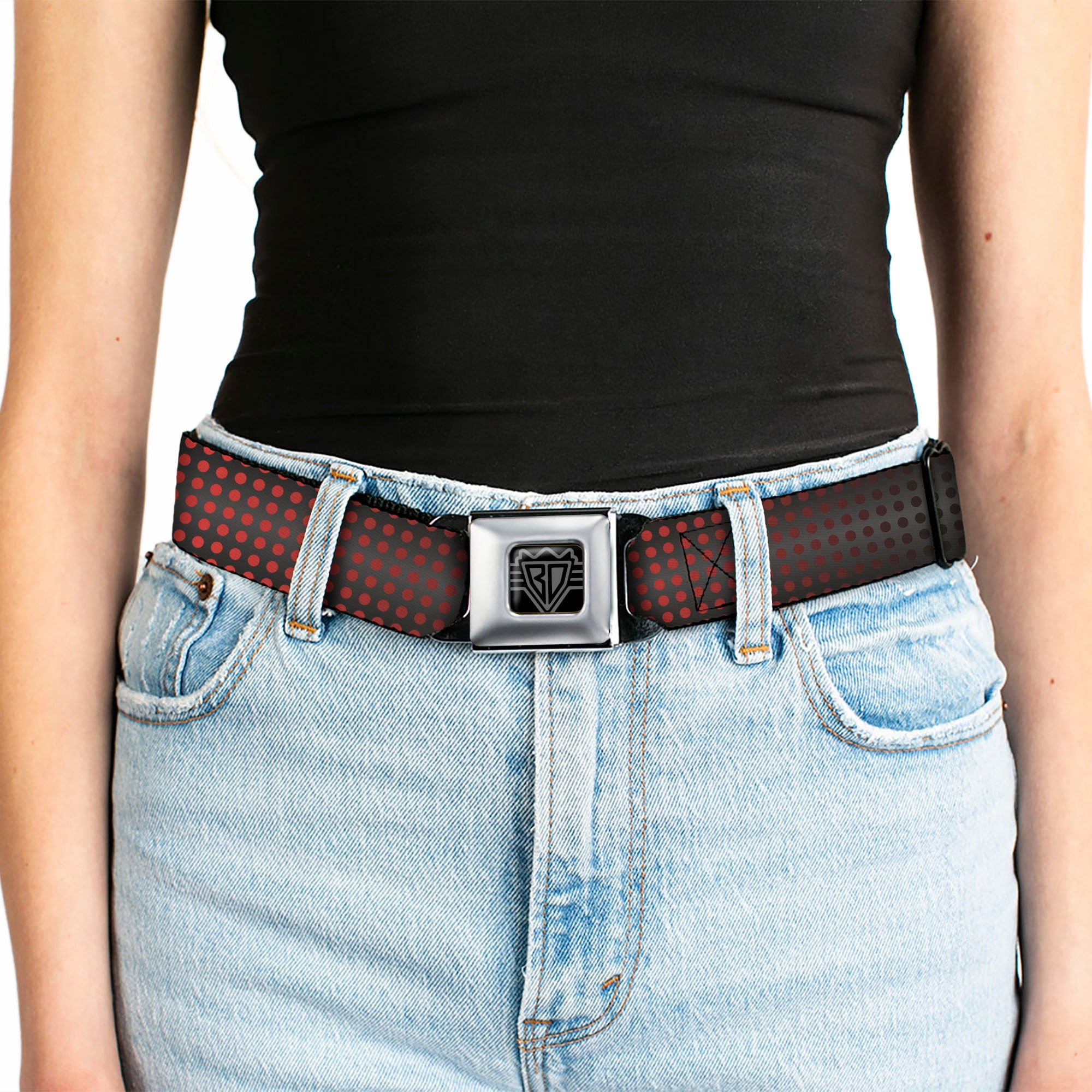 BD Wings Logo CLOSE-UP Full Color Black Silver Seatbelt Belt - Micro Polka Dots Transitions Black/Red Webbing Seatbelt Belts Buckle-Down