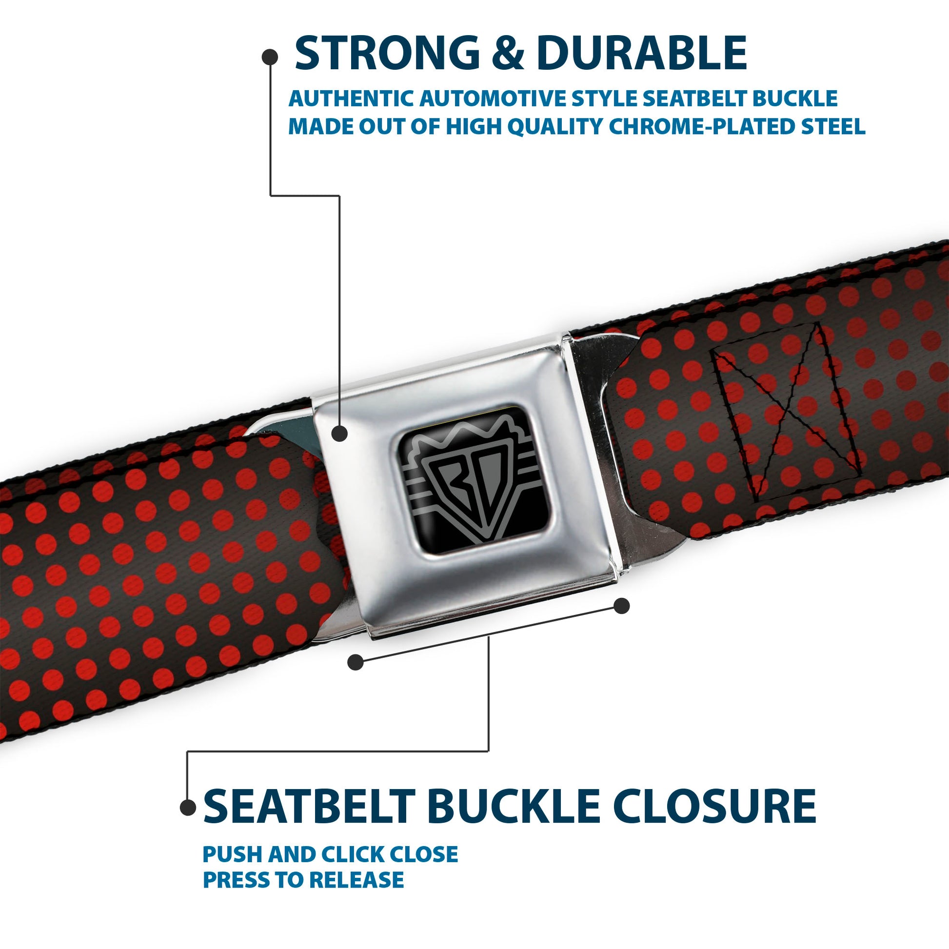 BD Wings Logo CLOSE-UP Full Color Black Silver Seatbelt Belt - Micro Polka Dots Transitions Black/Red Webbing Seatbelt Belts Buckle-Down