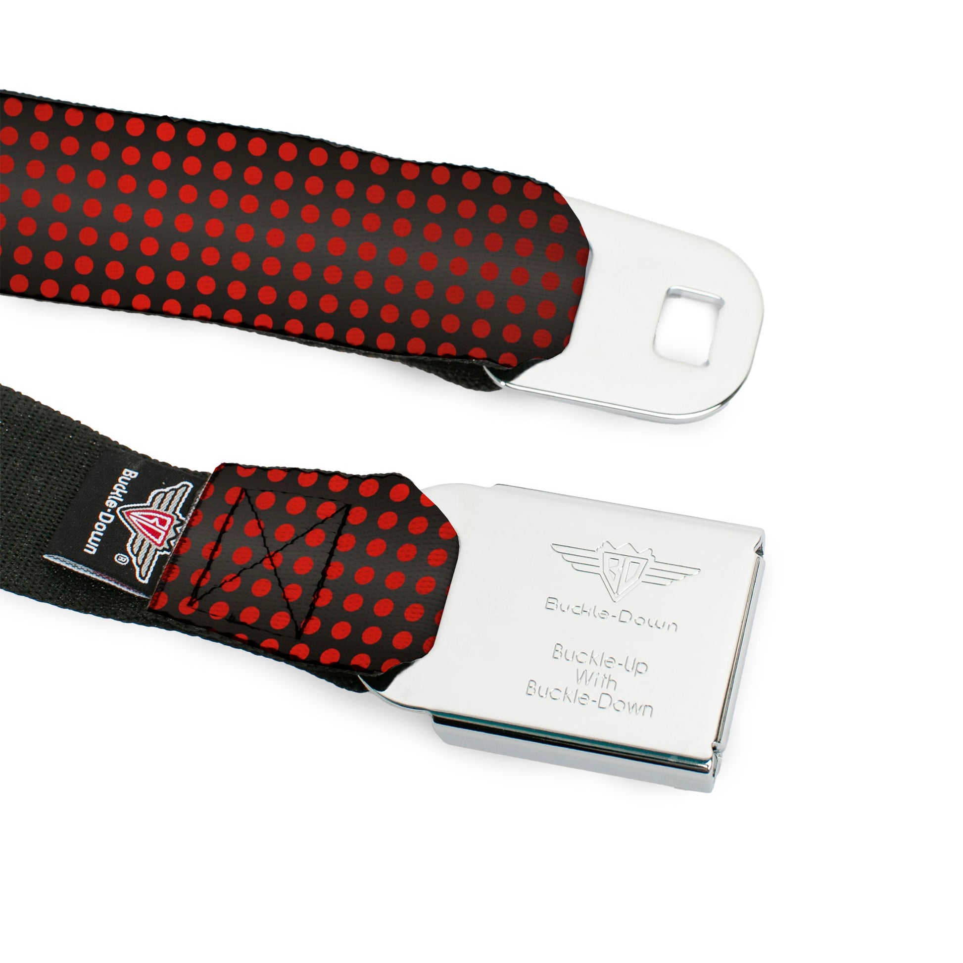 BD Wings Logo CLOSE-UP Full Color Black Silver Seatbelt Belt - Micro Polka Dots Transitions Black/Red Webbing Seatbelt Belts Buckle-Down