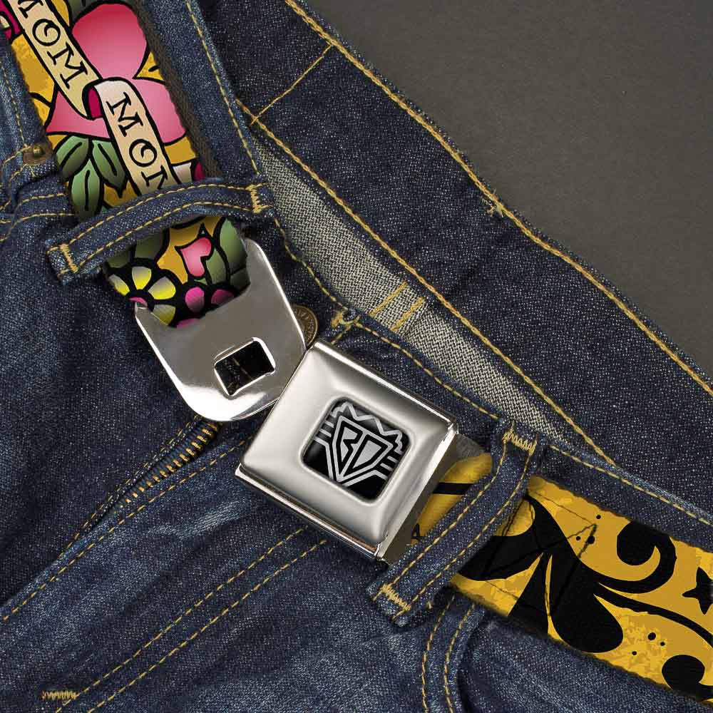BD Wings Logo CLOSE-UP Full Color Black Silver Seatbelt Belt - Mom & Mom Yellow Webbing Seatbelt Belts Buckle-Down