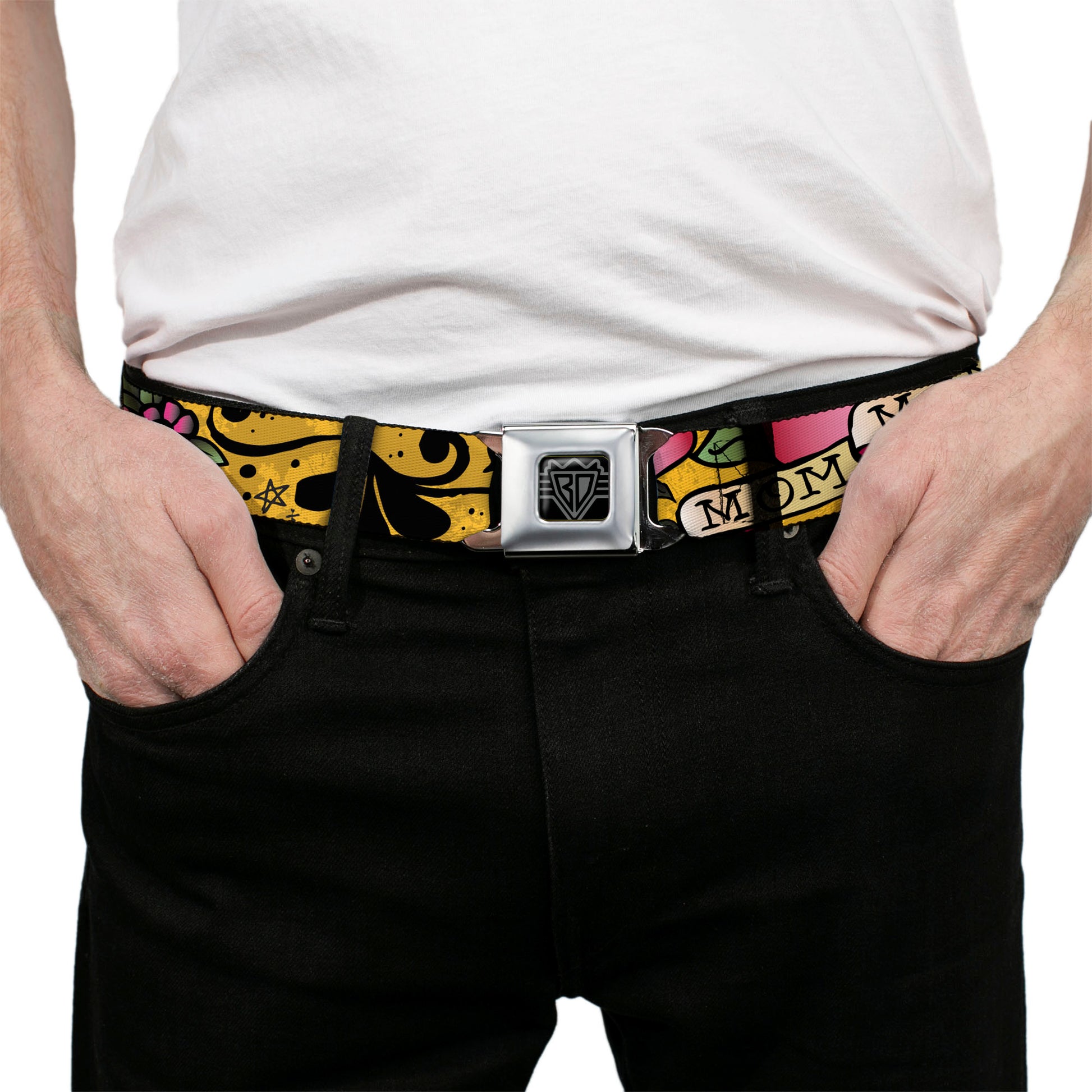 BD Wings Logo CLOSE-UP Full Color Black Silver Seatbelt Belt - Mom & Mom Yellow Webbing Seatbelt Belts Buckle-Down
