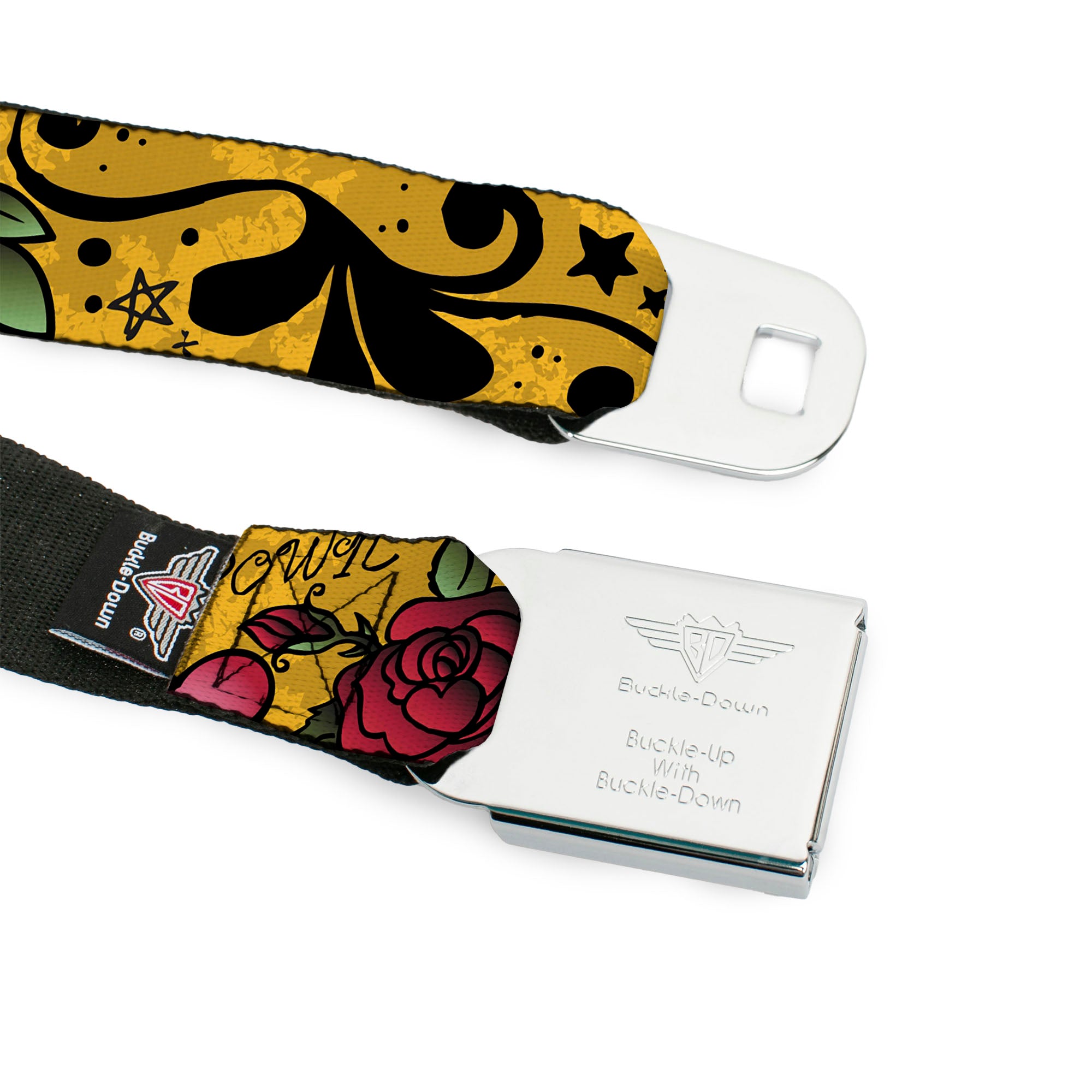 BD Wings Logo CLOSE-UP Full Color Black Silver Seatbelt Belt - Mom & Mom Yellow Webbing Seatbelt Belts Buckle-Down