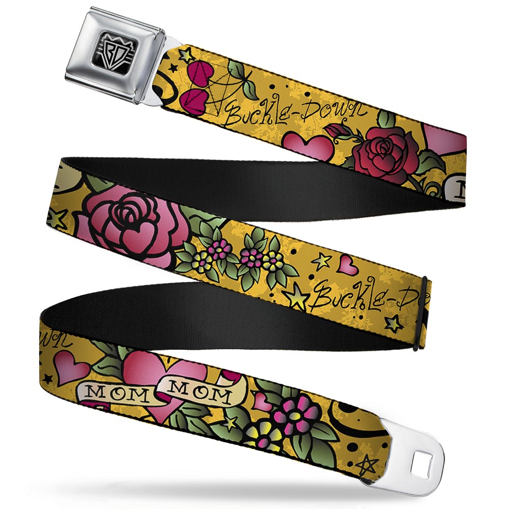 BD Wings Logo CLOSE-UP Full Color Black Silver Seatbelt Belt - Mom & Mom Yellow Webbing Seatbelt Belts Buckle-Down