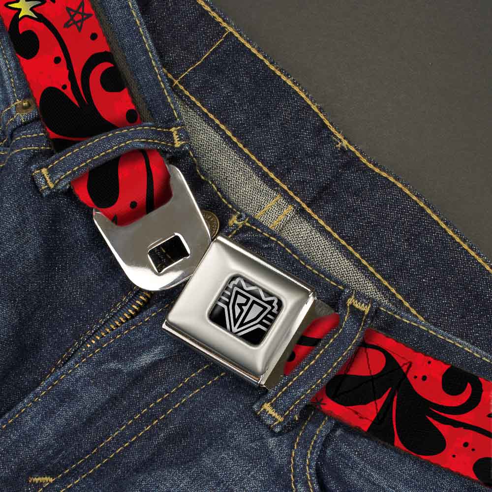 BD Wings Logo CLOSE-UP Full Color Black Silver Seatbelt Belt - Mom & Dad CLOSE-UP Red Webbing Seatbelt Belts Buckle-Down