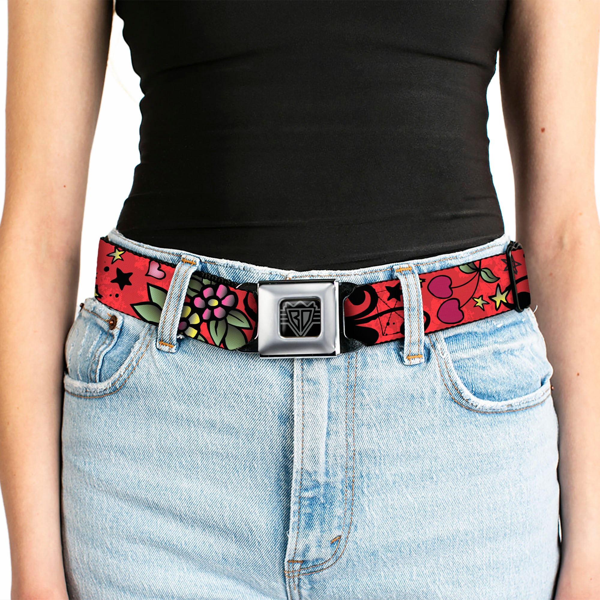 BD Wings Logo CLOSE-UP Full Color Black Silver Seatbelt Belt - Mom & Dad CLOSE-UP Red Webbing Seatbelt Belts Buckle-Down
