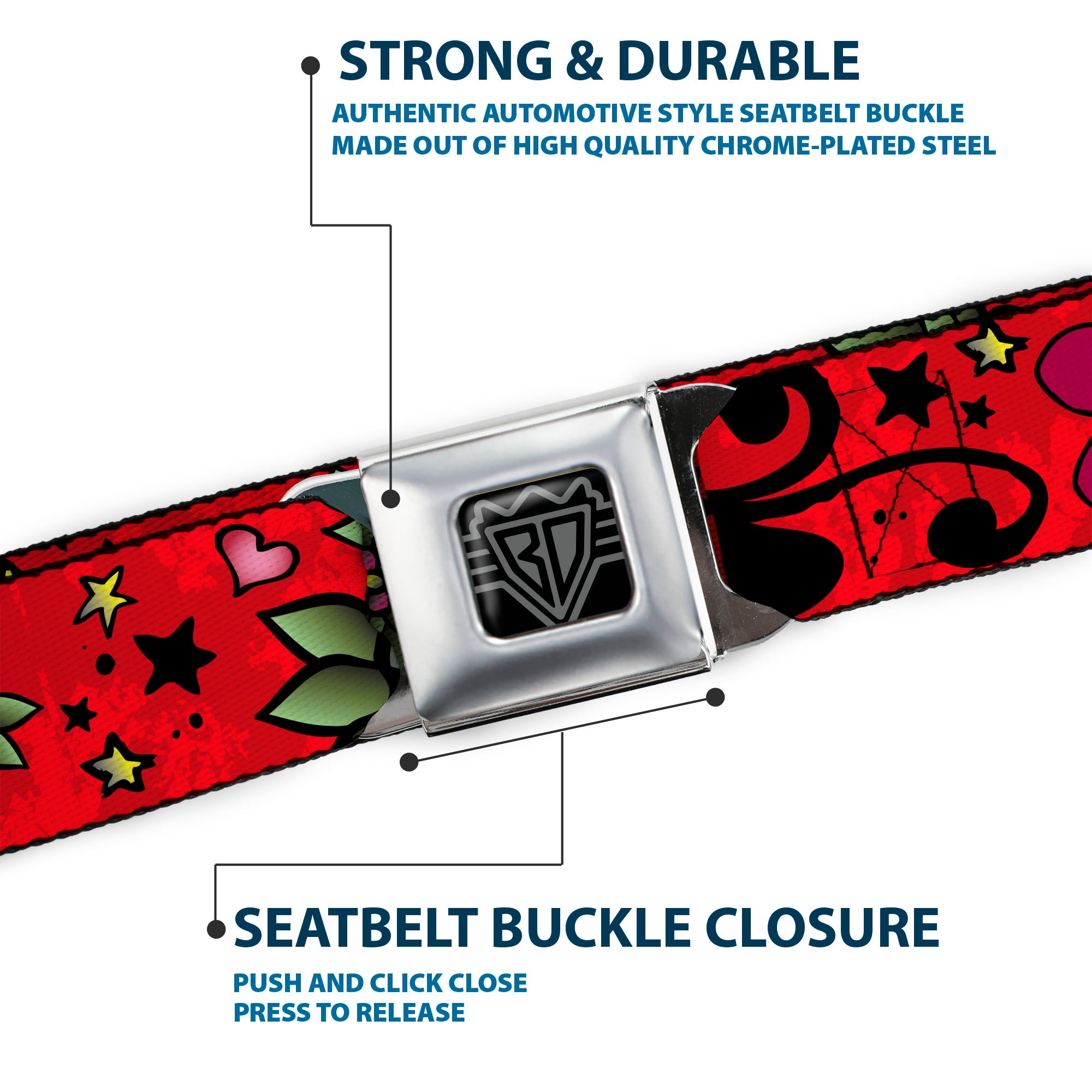 BD Wings Logo CLOSE-UP Full Color Black Silver Seatbelt Belt - Mom & Dad CLOSE-UP Red Webbing Seatbelt Belts Buckle-Down