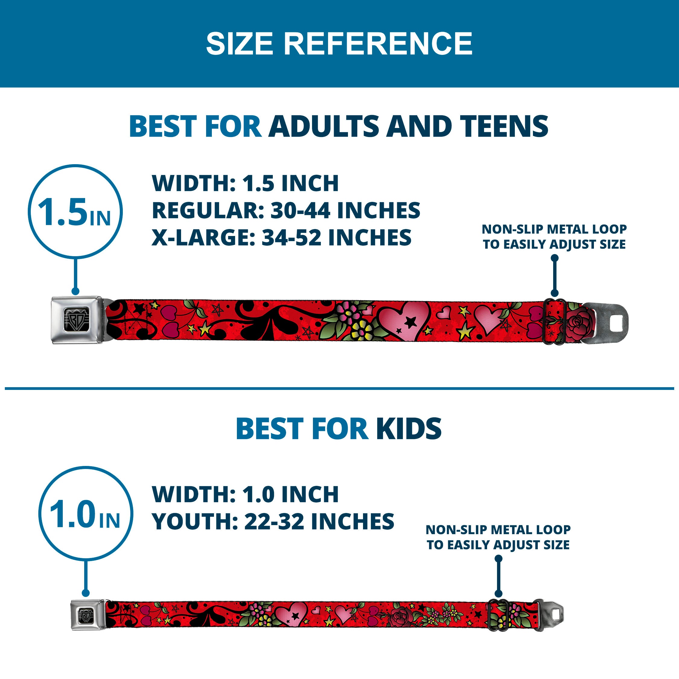 BD Wings Logo CLOSE-UP Full Color Black Silver Seatbelt Belt - Mom & Dad CLOSE-UP Red Webbing Seatbelt Belts Buckle-Down