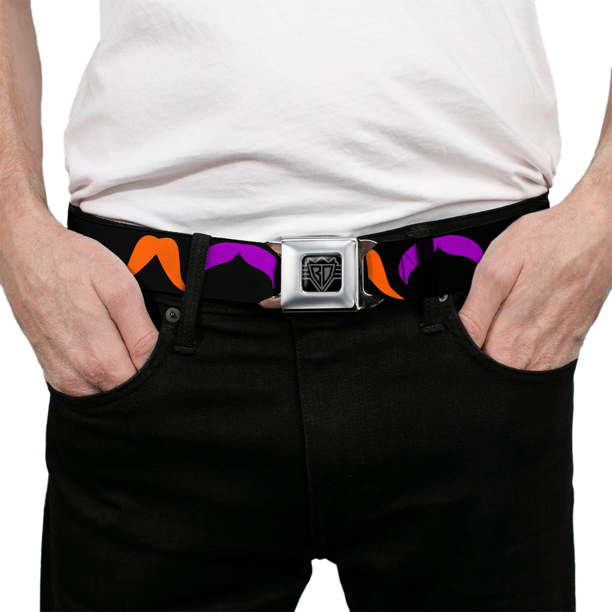BD Wings Logo CLOSE-UP Full Color Black Silver Seatbelt Belt - Mustaches Black/Multi Color Webbing Seatbelt Belts Buckle-Down
