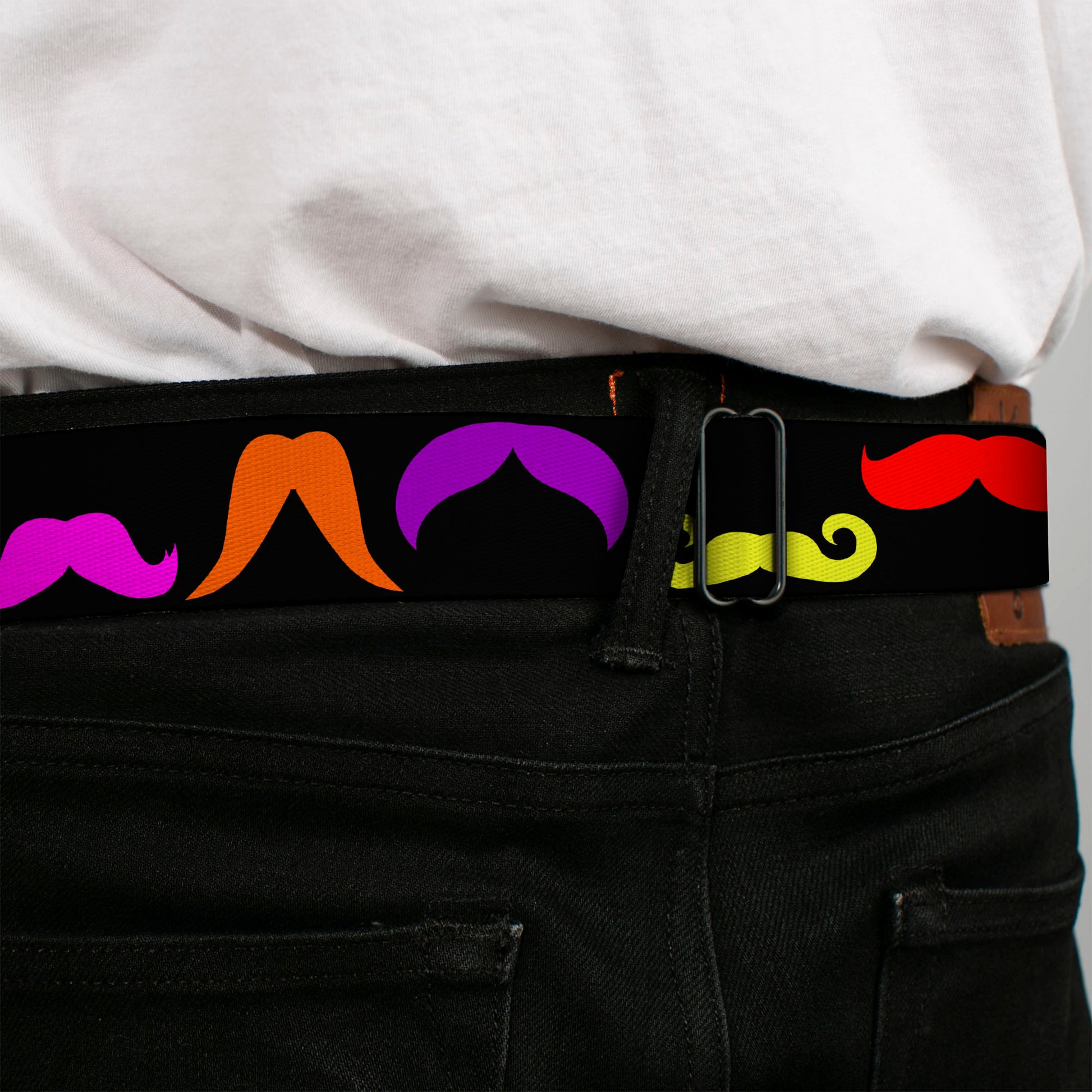BD Wings Logo CLOSE-UP Full Color Black Silver Seatbelt Belt - Mustaches Black/Multi Color Webbing Seatbelt Belts Buckle-Down