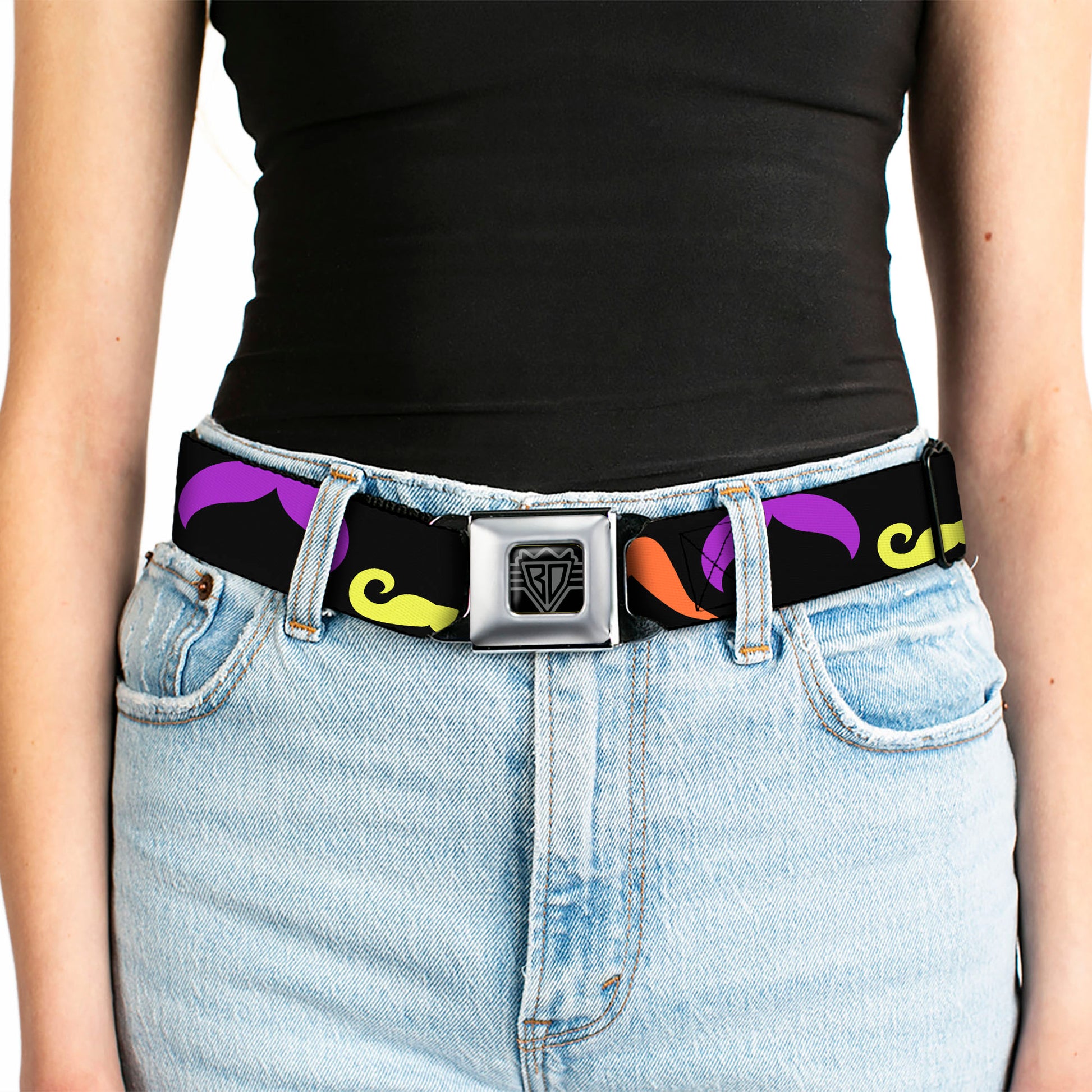 BD Wings Logo CLOSE-UP Full Color Black Silver Seatbelt Belt - Mustaches Black/Multi Color Webbing Seatbelt Belts Buckle-Down