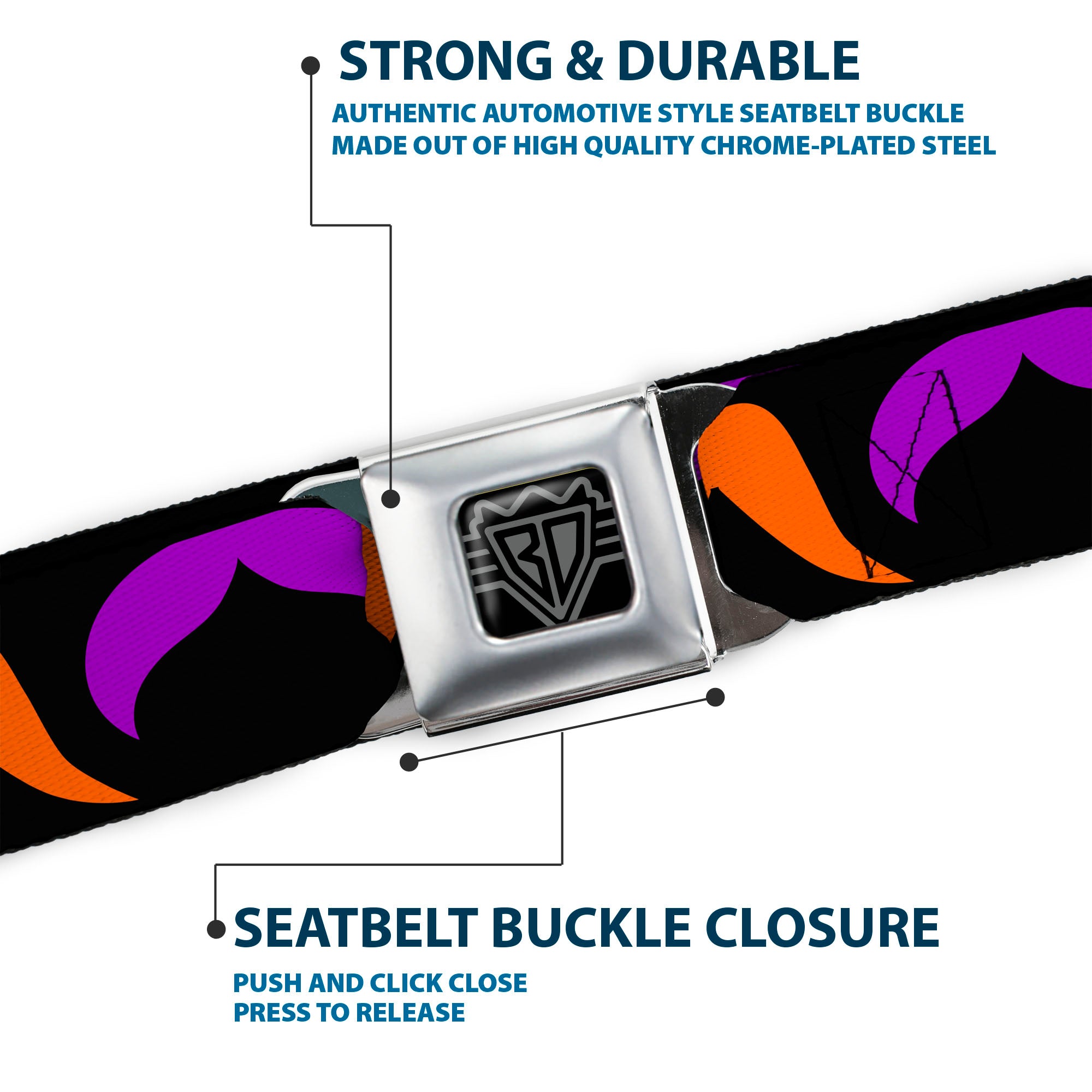 BD Wings Logo CLOSE-UP Full Color Black Silver Seatbelt Belt - Mustaches Black/Multi Color Webbing Seatbelt Belts Buckle-Down