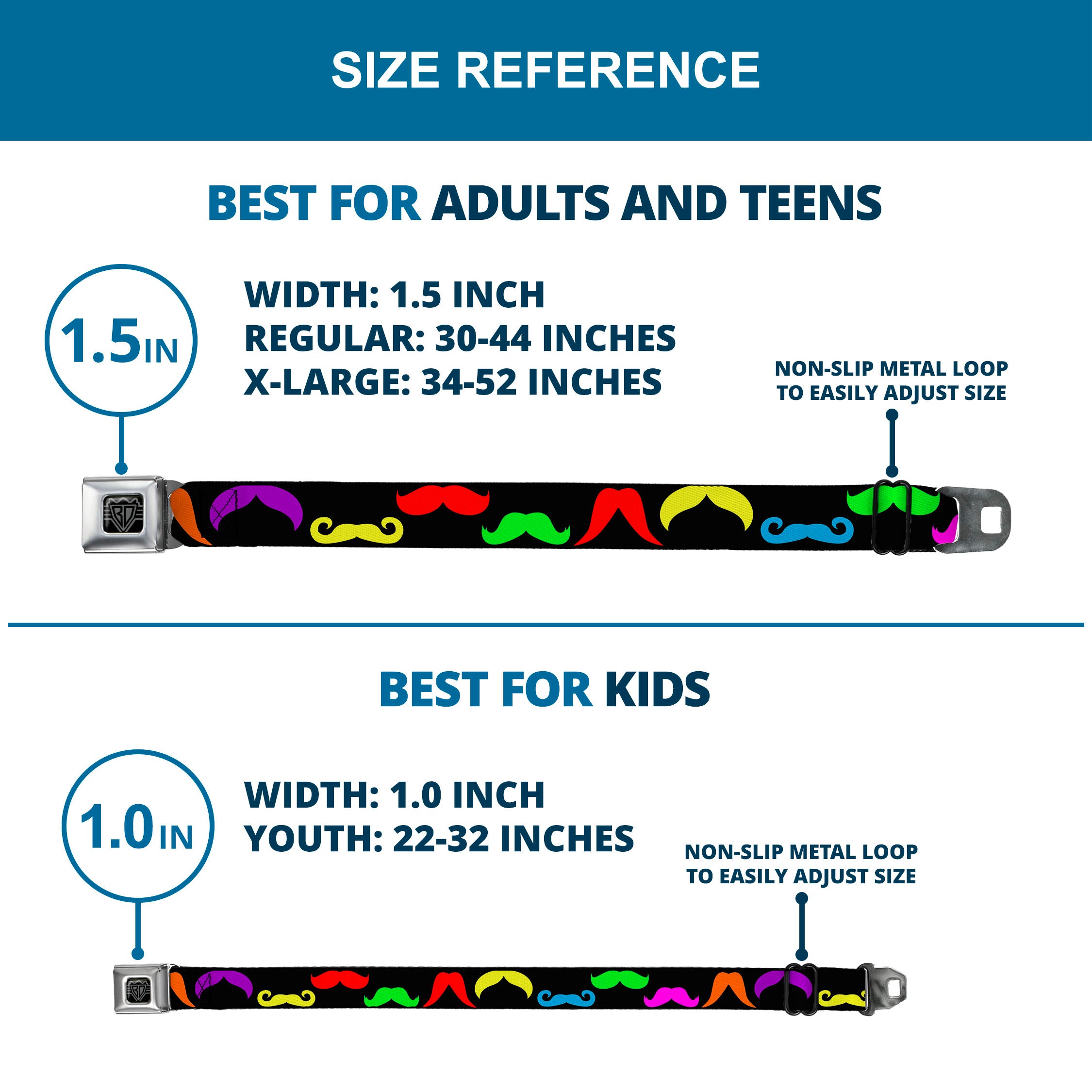 BD Wings Logo CLOSE-UP Full Color Black Silver Seatbelt Belt - Mustaches Black/Multi Color Webbing Seatbelt Belts Buckle-Down