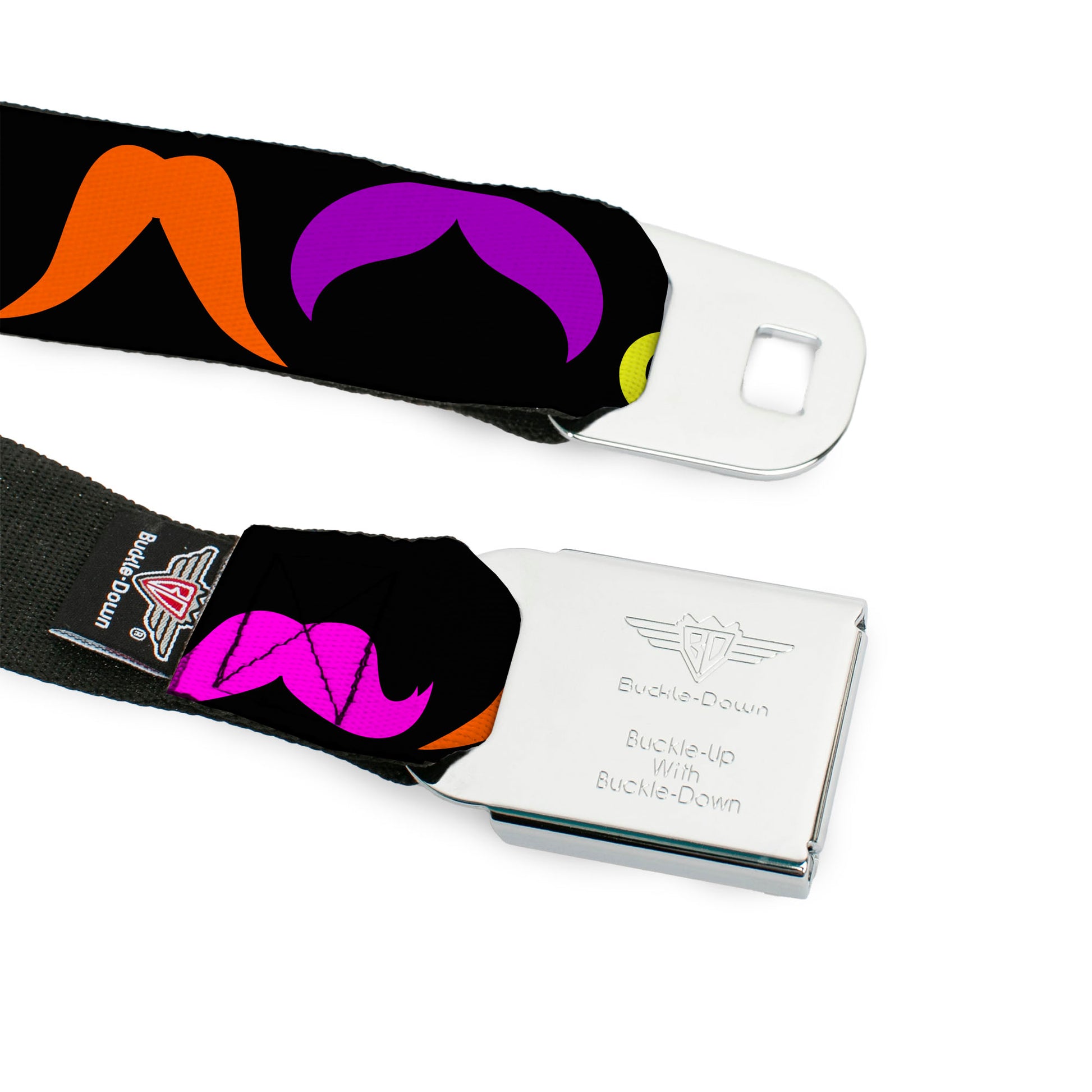 BD Wings Logo CLOSE-UP Full Color Black Silver Seatbelt Belt - Mustaches Black/Multi Color Webbing Seatbelt Belts Buckle-Down