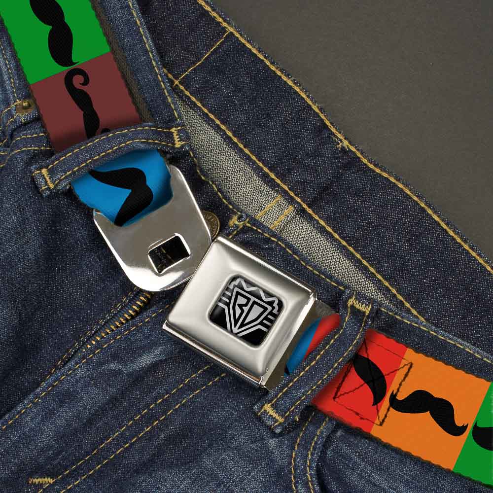 BD Wings Logo CLOSE-UP Full Color Black Silver Seatbelt Belt - Mustaches Multi Color Blocks/Black Webbing Seatbelt Belts Buckle-Down