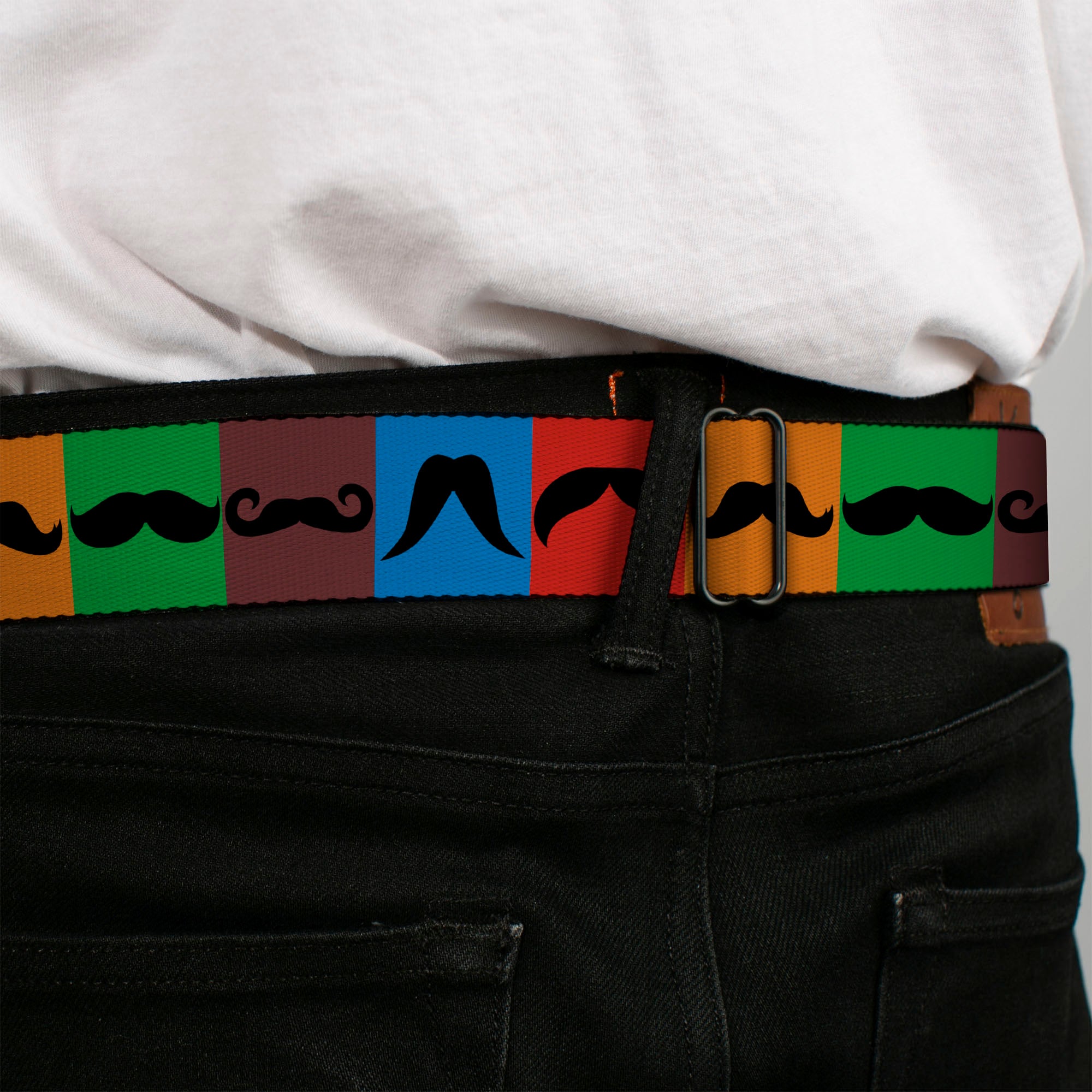 BD Wings Logo CLOSE-UP Full Color Black Silver Seatbelt Belt - Mustaches Multi Color Blocks/Black Webbing Seatbelt Belts Buckle-Down